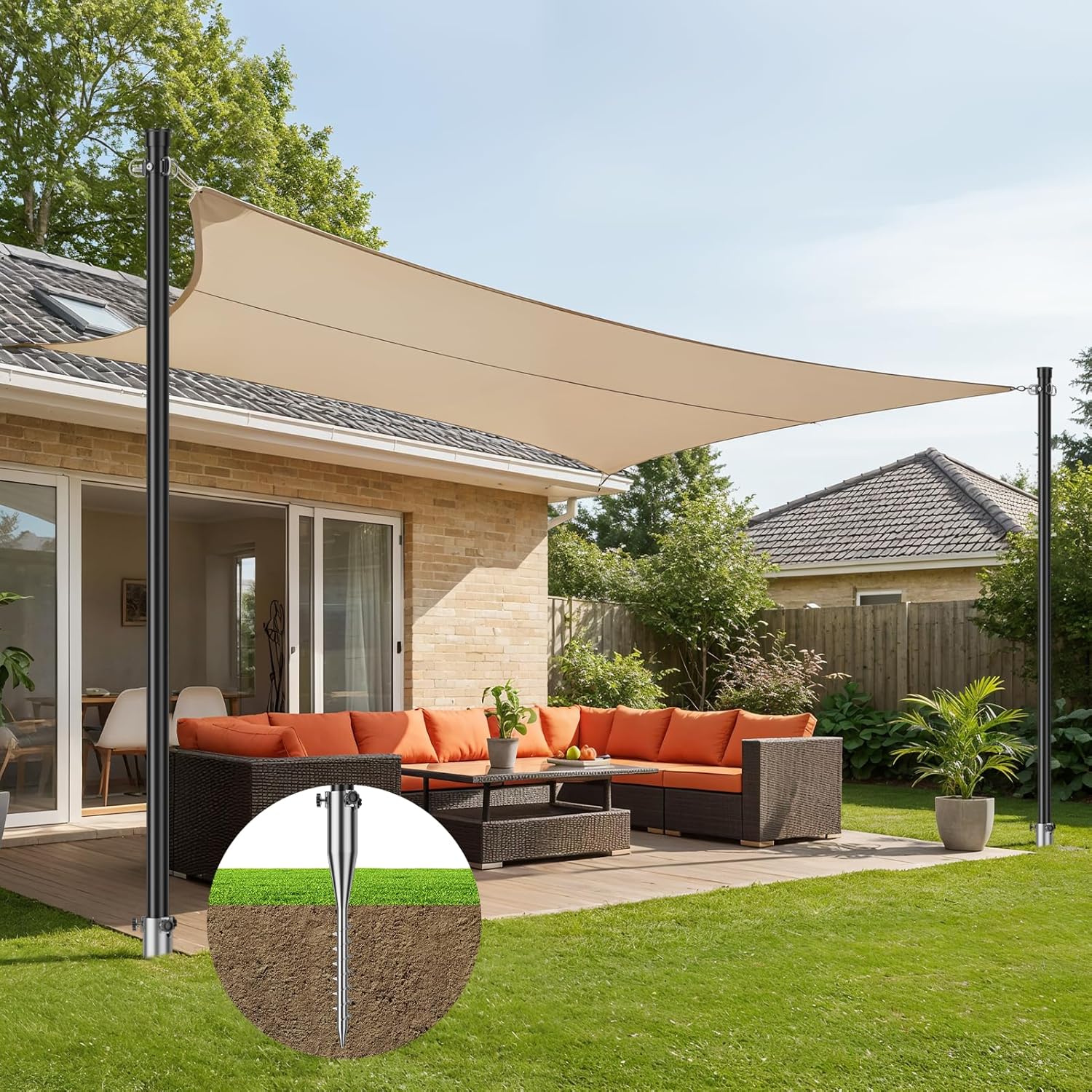 EMART 2 Pack 12ft Heavy Duty Shade Sail Poles with Spiral Anchor & D-Clamps, for Sun Shade Outdoor, String Lights, Patio, Backyard, Garden, Grassland and Terrace