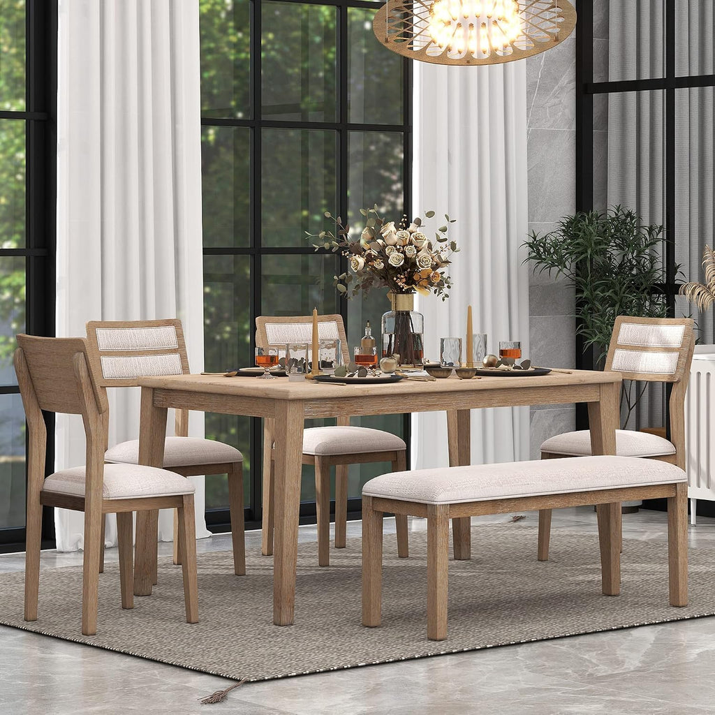 Merax 6-Piece Farmhouse Dining Table Set for 6, Solid Wood Rectangle Kitchen Table with 4 Upholstered Chairs & 1 Bench, Rustic Dining Room Set- Natural Wood Wash