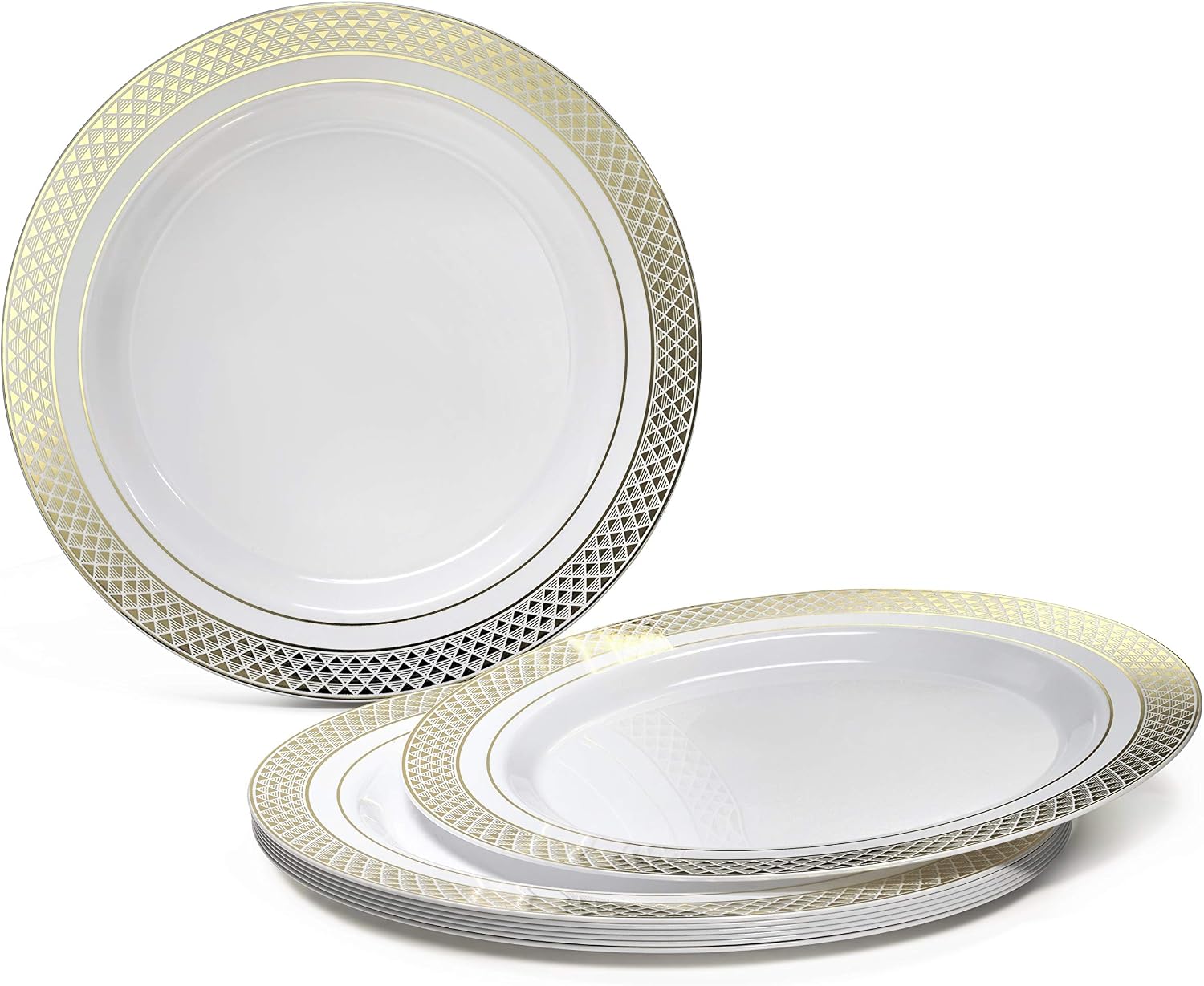 ' OCCASIONS ' 840pcs set (120 Guests)-Heavyweight Wedding Party Disposable Plastic Plate Set-120 x 10.5'' + 120 x 6.25'' + Gold Silverware + Cups + Napkins (Celebration in White & Gold)
