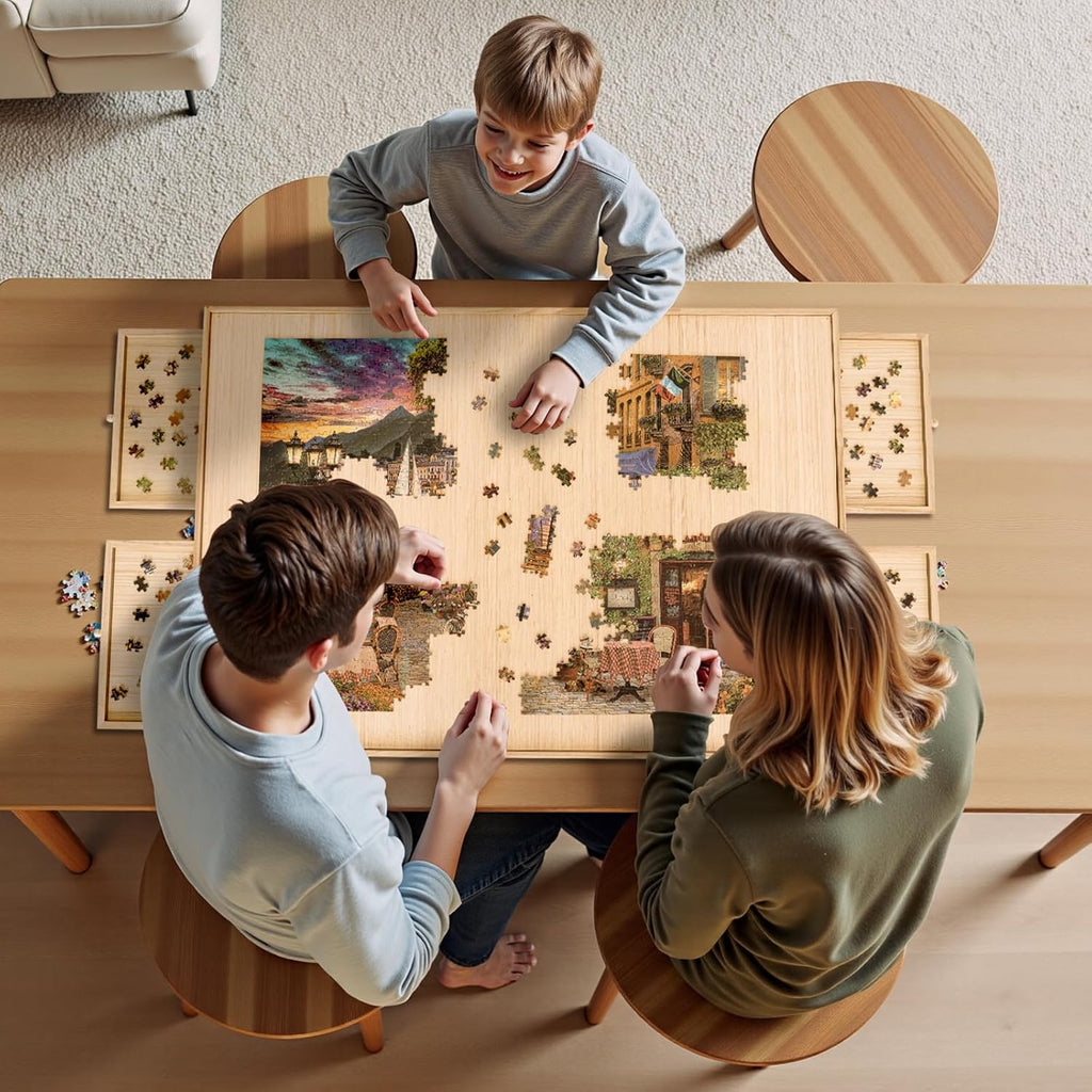 TEAKMAMA 27.6' H Tall 2000 Piece Puzzle Table with Legs, 41' W x 28.5' D Large Wood Folding Jigsaw Puzzle Board with Cover for Adults, 4 Drawers, Nature