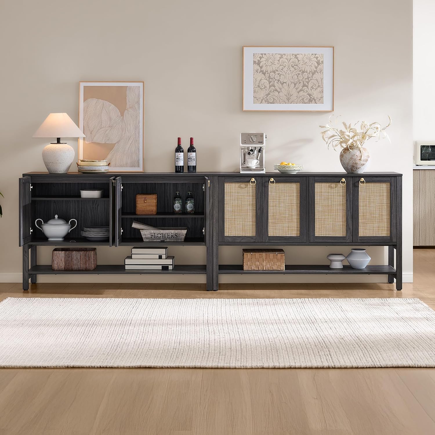 SICOTAS 55' Obsidian Sideboard Buffet Cabinet with Rattan Doors, Modern Industrial Coffee Bar Cabinet with Open Shelf, Black Wood Credenza & Console Table for Entryway, Kitchen, Dining Room