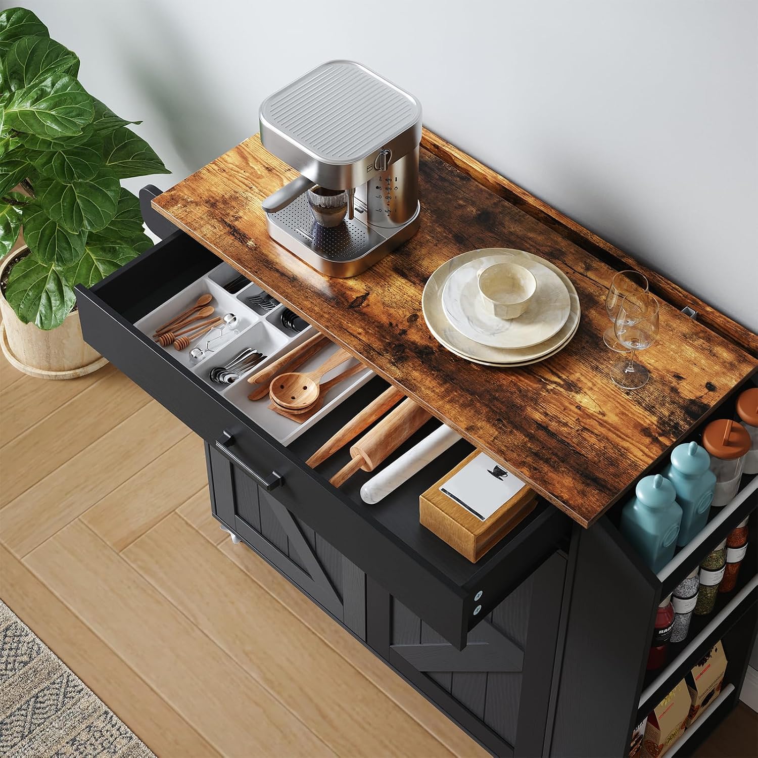 HOOBRO Kitchen Island with Drop Leaf Countertop & Power Outlet, Rolling Island Cart on Wheels, Kitchen Cart with Drawer & Spice Rack, Mobile Island Table for Kitchen, Black BF86UZD01