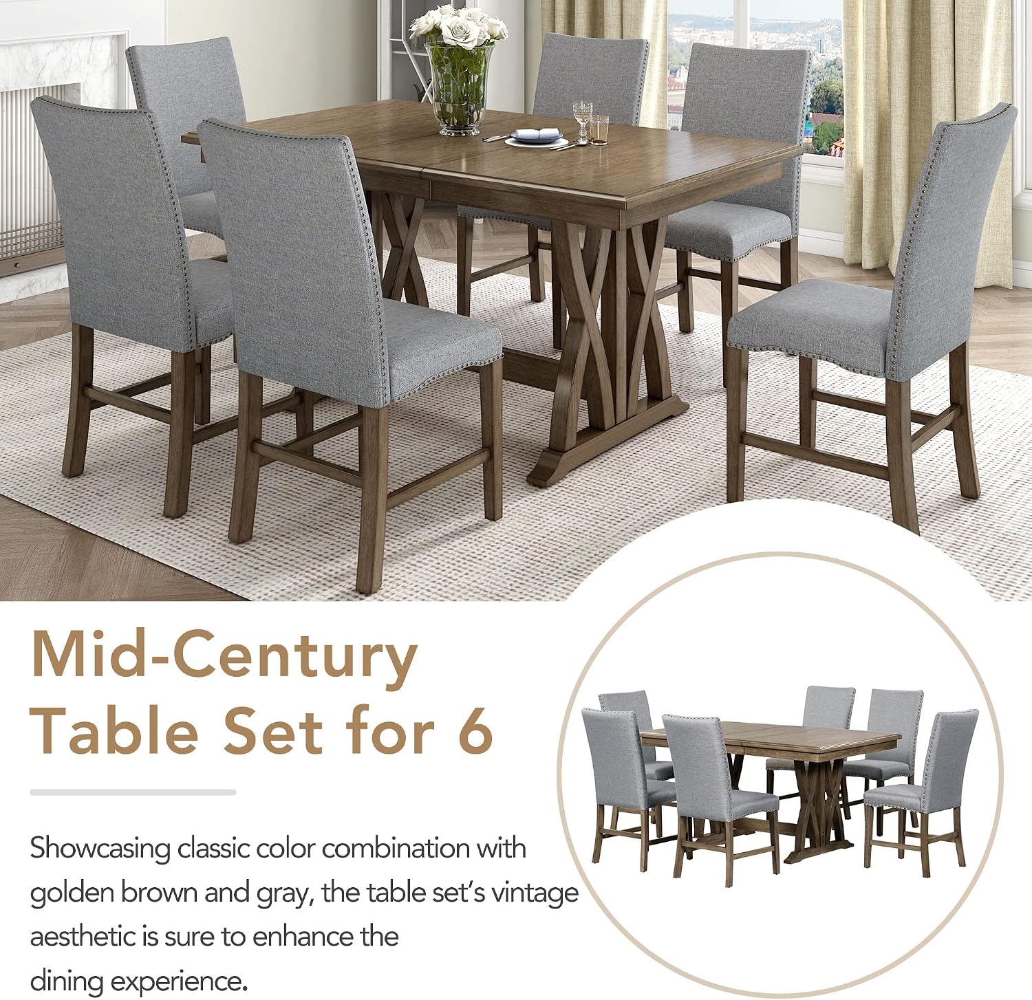 Merax Mid-Century 7-Piece Dining Table Set, Extendable Kitchen Table Set with Upholstered Chairs Set for 6, Golden Brown+Gray