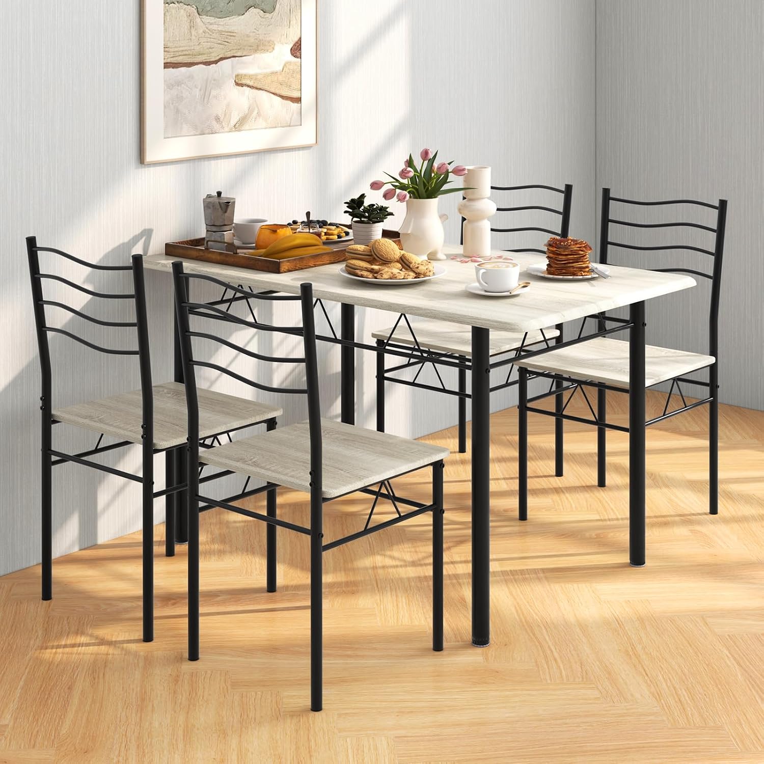 Giantex 47-inches Dining Table Set for 4, Rectangular Kitchen Table with 4 Dining Chairs, Metal Frame, 5-Piece Space-Saving Dinette Set for Small Space, Dinner, Breakfast Nook, Apartment