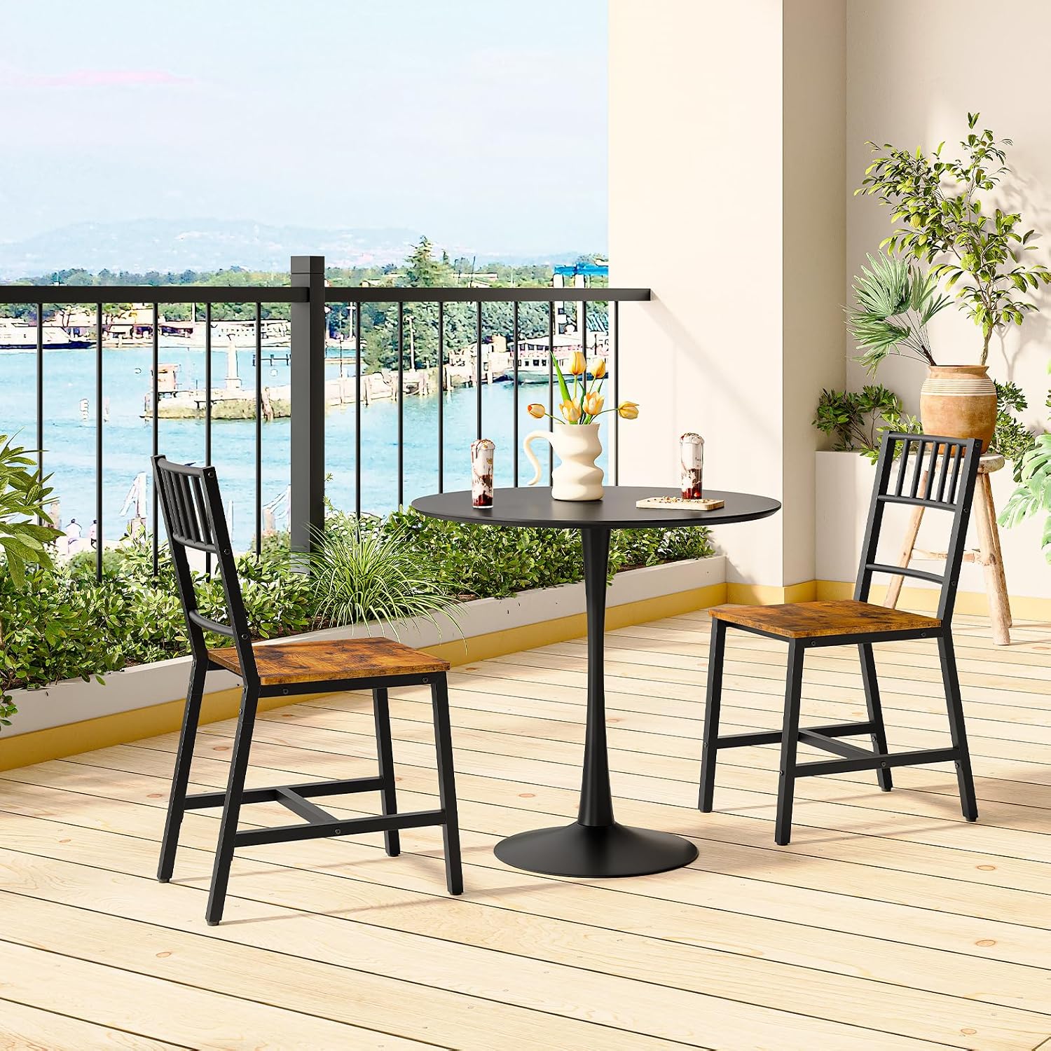 HOOBRO Dining Chairs Set of 4, Wooden Kitchen Chairs with Metal Frame, Industrial Dining Chairs with Back, Easy to Assemble, Farmhouse Dining Chairs for Living Room, Rustic Brown and Black BF39CDP401