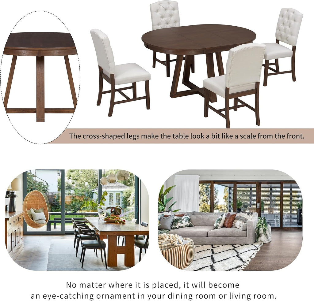Bellemave 5-Piece Dining Table Set, Extendable Round Dining Table with 16' Removable Leaf, 4 Upholstered Button Tufted Chairs, Acacia Veneer Tabletop (Walnut)
