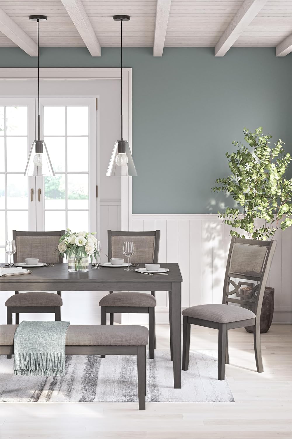 Signature Design by Ashley Wrenning Diamond Patterned Dining Table Set, 4 Upholstered Chairs and Bench, Seats 6, Wood, Gray