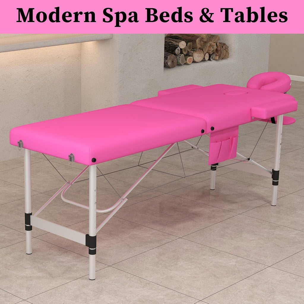 civama Massage Table Massage Bed Portable, 26 LBs Light Weight Foldable Tattoo Facial Care Spa Lash Bed Aluminum Frame with Accessories Carrying Bag, Pink