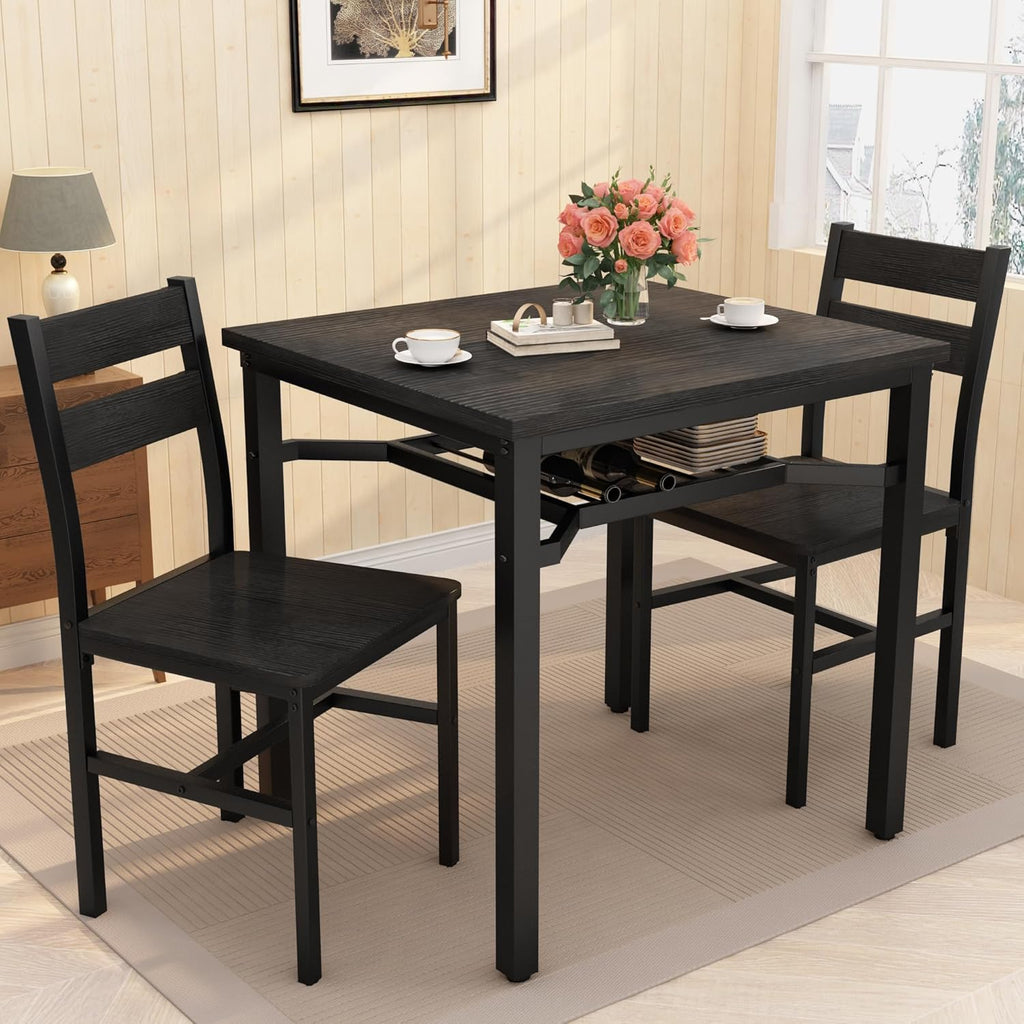 Hooseng 3 Piece Dining Table Set for 2, Small Wooden Kitchen Table with Storage, Farmhouse Square Dinette Set for Dining Room, Breakfast Nook, Apartment, Small Space