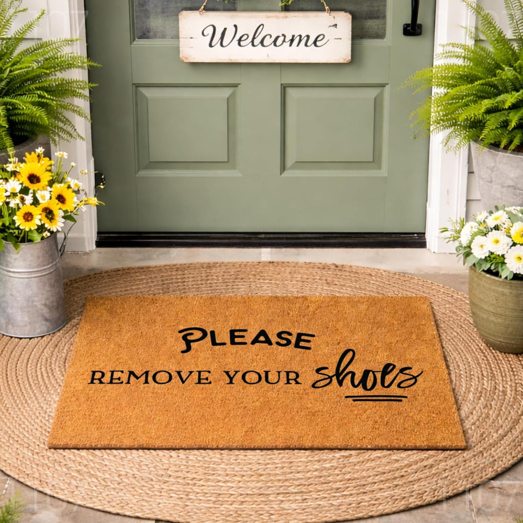 Please Remove Your Shoes Doormat, Natural Coir Indoor Outdoor Entrance Mat | Housewarming Gift, New Home Present, Indoor Outdoor Entrance, Front Porch Decor, High Traffic Area, Entryway Floor Rug