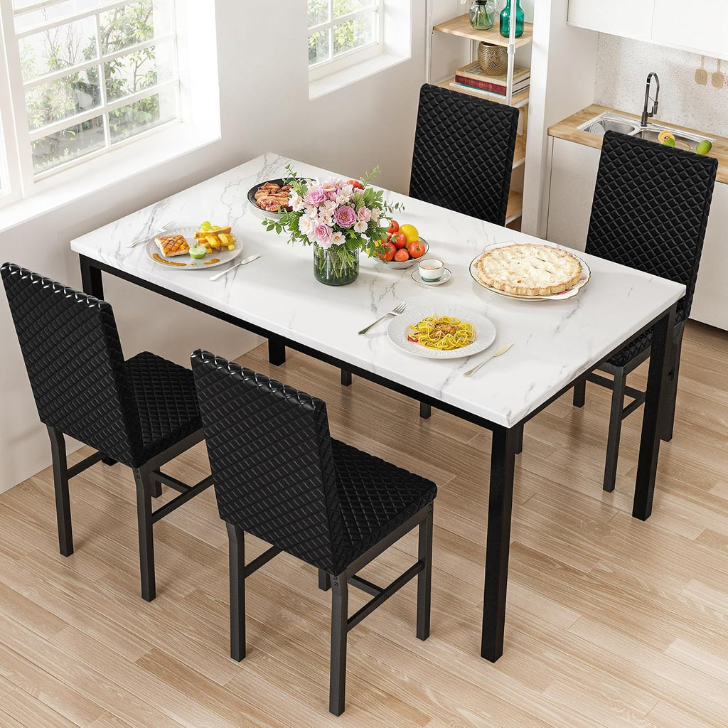 Hooseng Kitchen Table Set 5 Piece Dining Room Table Set Marble Dining Table 4 Chair Dining Table Set for Kitchen Living Room Breakfast Small Spaces (White & Black)