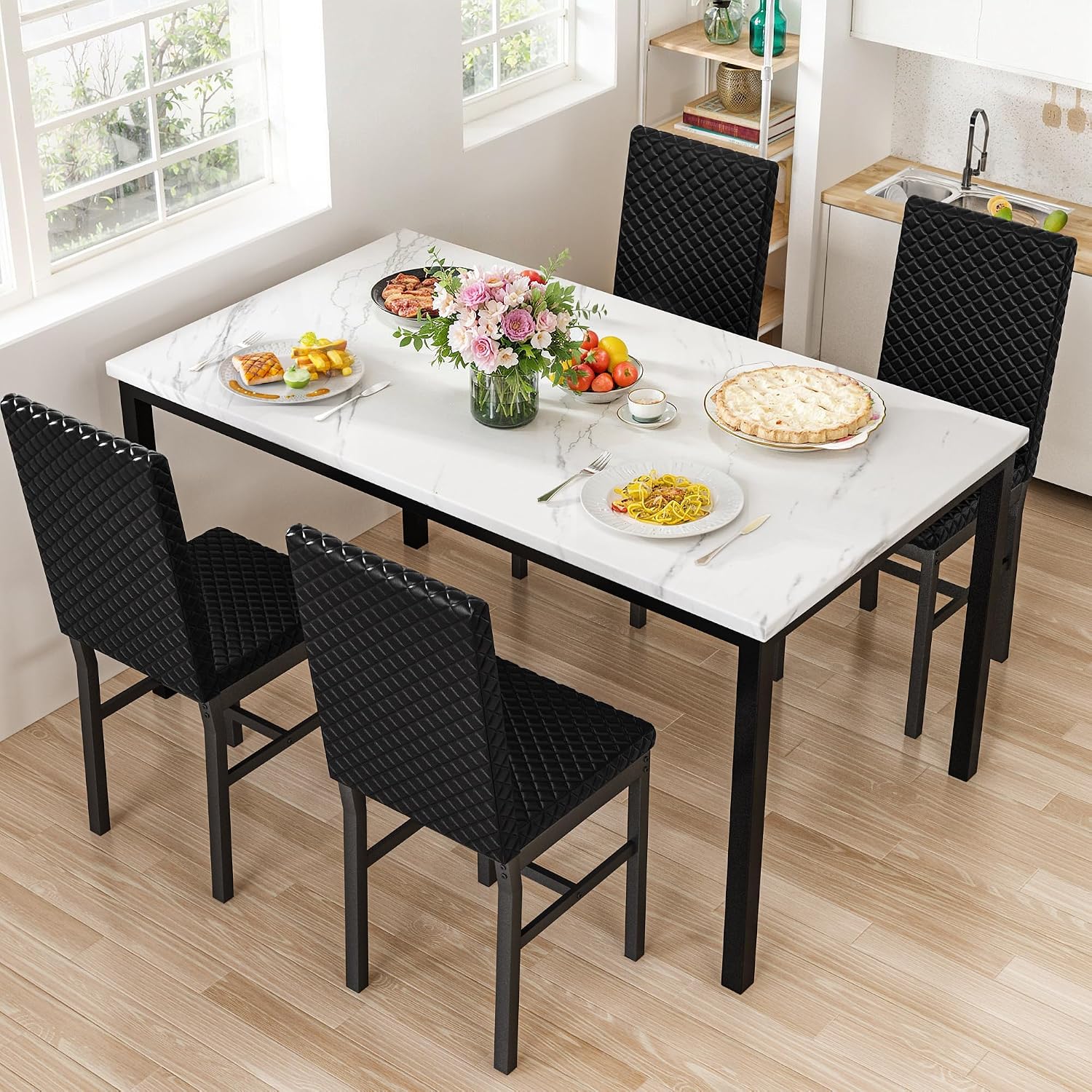 Hooseng Kitchen Table Set 5 Piece Dining Room Table Set Marble Dining Table 4 Chair Dining Table Set for Kitchen Living Room Breakfast Small Spaces (White & Black)
