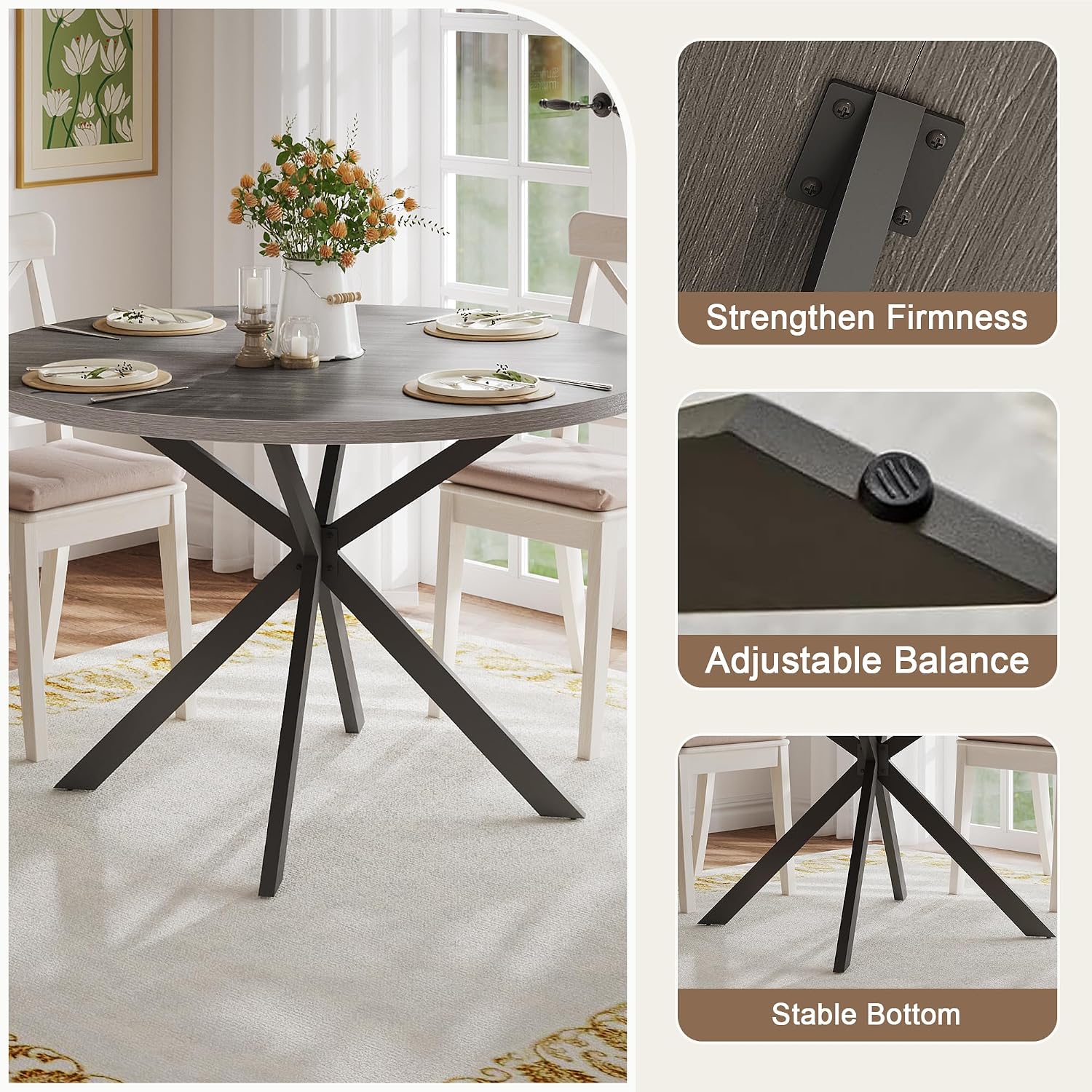 ChooChoo 47.2 Inch Round Dining Table for 4, Farmhouse Wood Kitchen Table, Circle Dinner Table for Kitchen & Dining Room, Grey