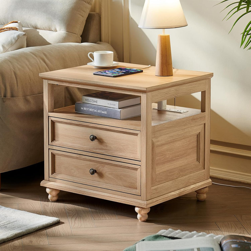Joaxswe Farmhouse Nightstand Set of 2 with Charging Station, 24' Wide End Table with 2 Drawers,Natural Dresser for Bedroom,Bed Side Table Chest of Drawers Cabinet, Night Stand for Living Room