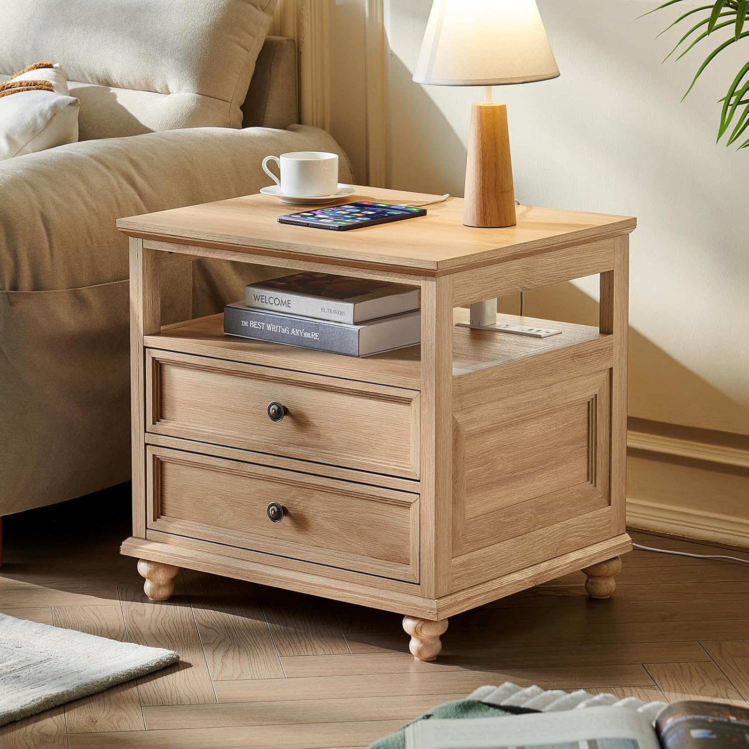 Joaxswe Farmhouse Nightstand Set of 2 with Charging Station, 24' Wide End Table with 2 Drawers,Natural Dresser for Bedroom,Bed Side Table Chest of Drawers Cabinet, Night Stand for Living Room