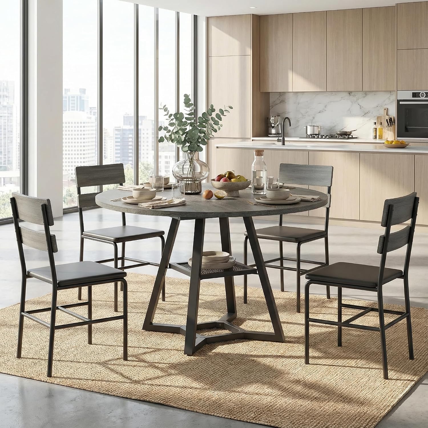 knoworld Round Dining Table for 4-6 with Storage Shelf, Kitchen & Dining Room Circle Pedestal Table,Heavy Duty Metal Frame & Wood Top