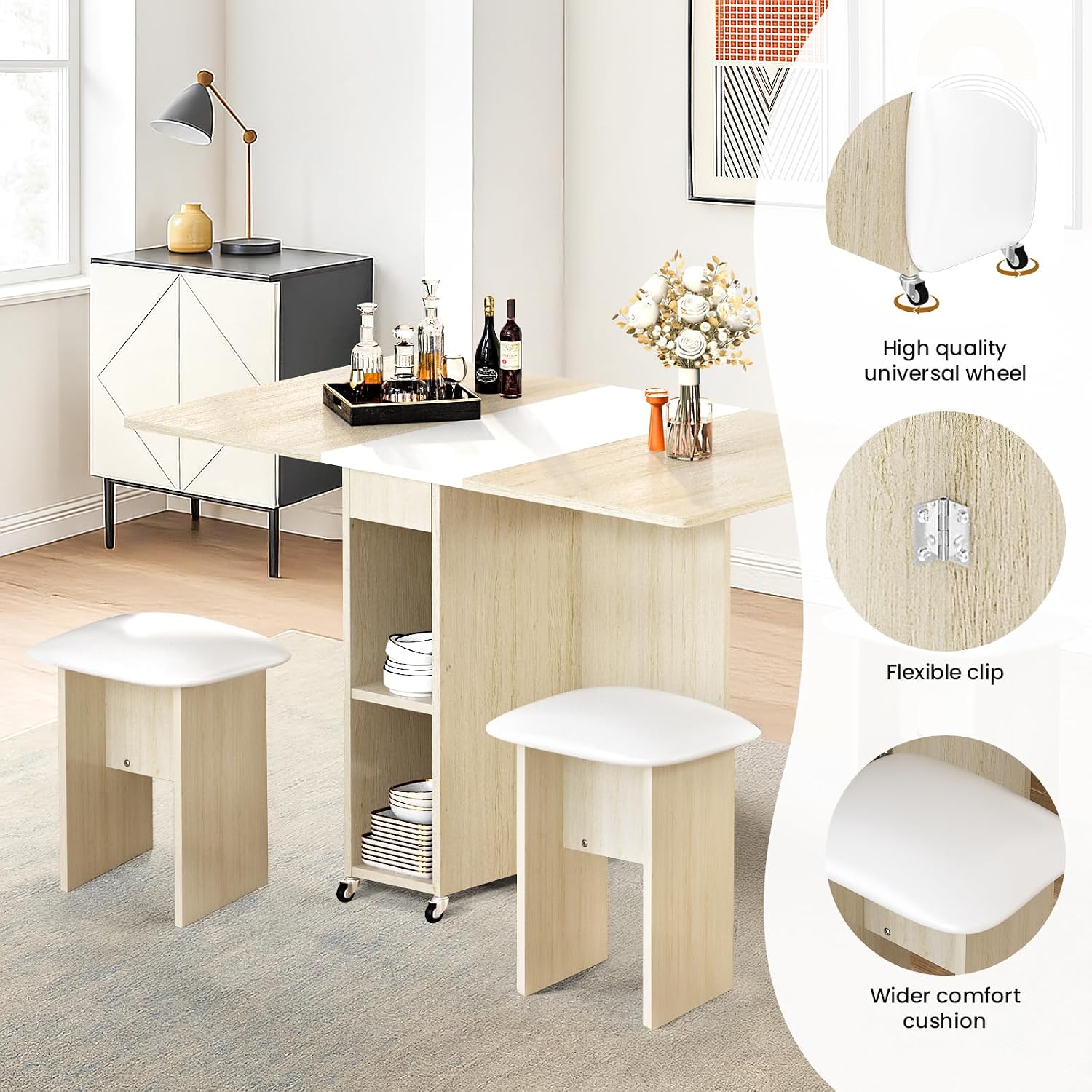 AWQM Foldable Dining Table Set for 4,Folding Dining Table with 4 Leather Chairs & Storage,Drop Leaf Dinner Table with 6 Wheels,Folding Kitchen Table and Chairs Set for Small Spaces,Beige