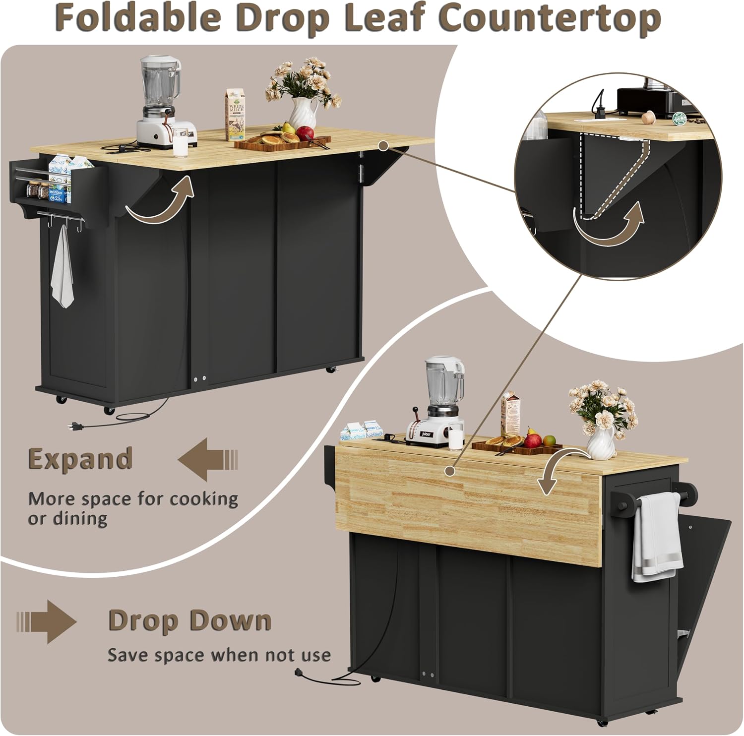 HQZX Rolling Kitchen Island with Trash Can Storage, Portable Kitchen Island Cart on Wheels with Drop Leaf & Power Outlet, Towel Rack & Spice Rack, Large Mobile Island Table for Kitchen, Black