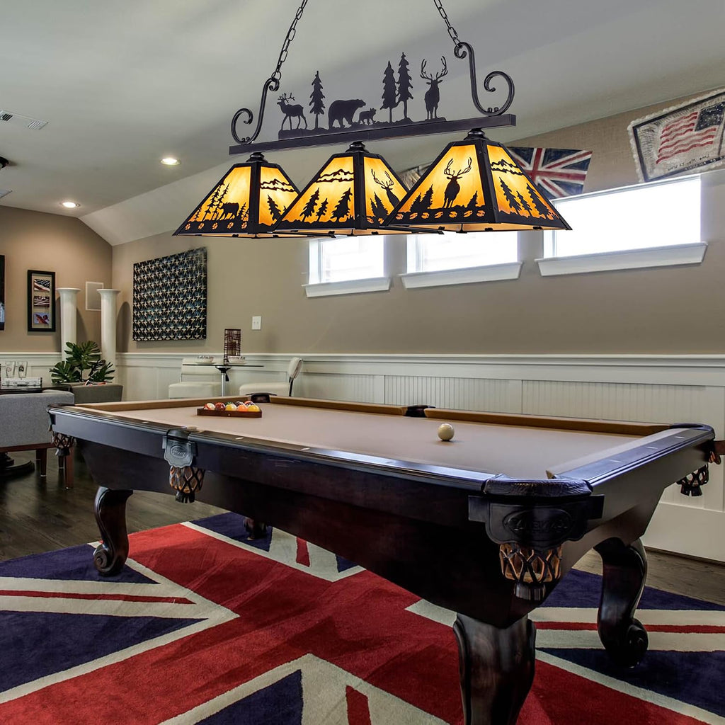 TOCHIC Tiffany Pool Table Light, 3 Lights Vintage Dining Room Chandelier Kitchen Island Light Fixture, Rustic Farmhouse Billiards Table Lamp for Game Room, Billiard Room, Cabin, 48' L