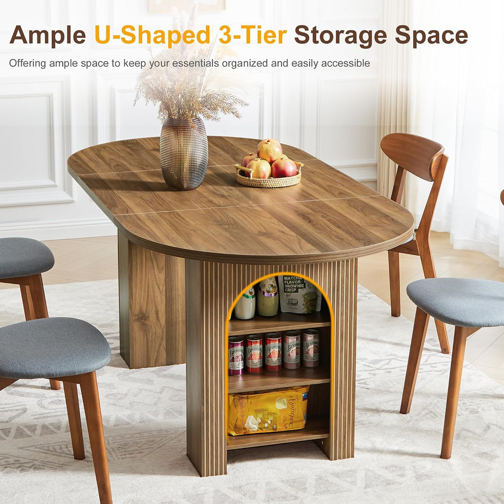 weselon 70.8' Oval Dining Table with Dual Side Storage Shelves, Rustic Farmhouse Table for 4–6 People, Modern Wooden Round Dinner Table for Kitchen, Reception, or Living Room (Walnut, Table Only)
