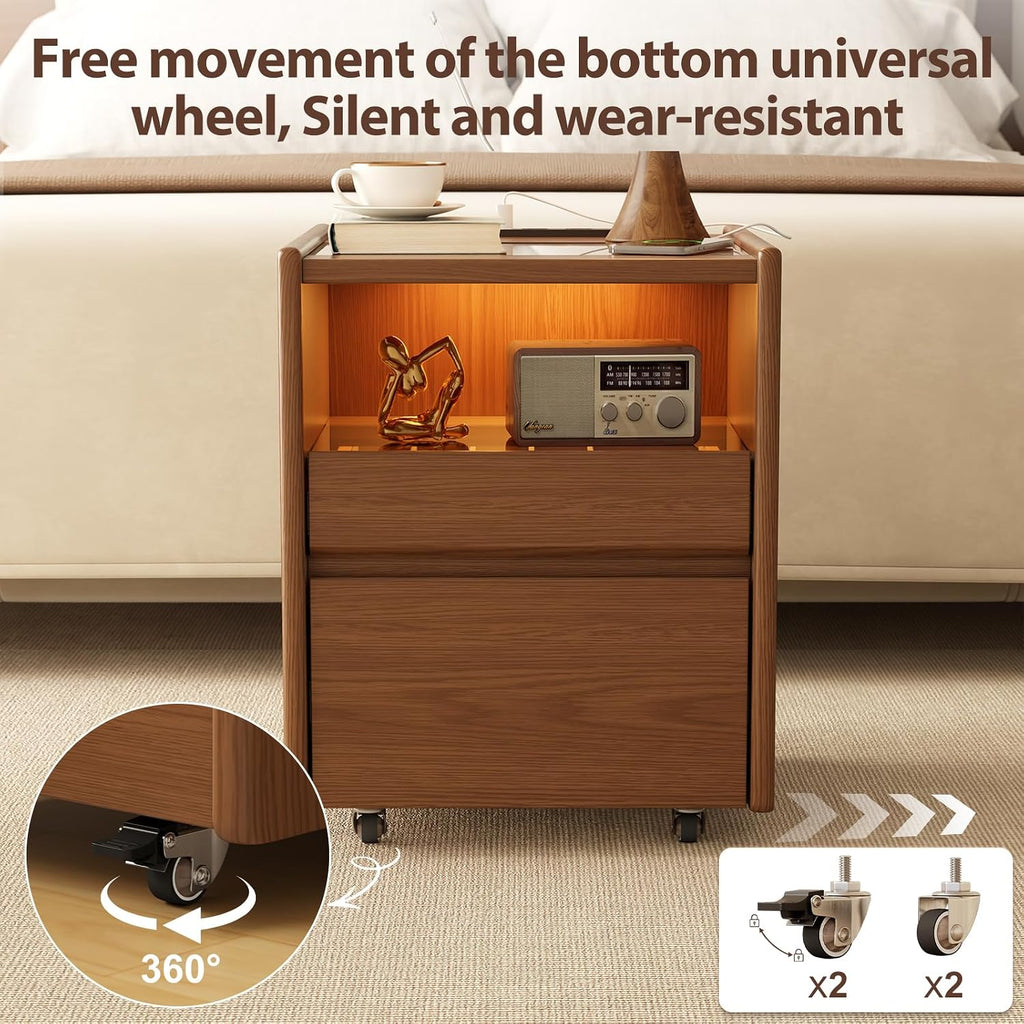 Solid Wood Nightstand,LED Nightstand with Charging Station,Narrow Bedside Table with Jewelry Box,Small Night Stand with Wheels,Modern Night Stand for Bedroom,Living Room,Dressing Room