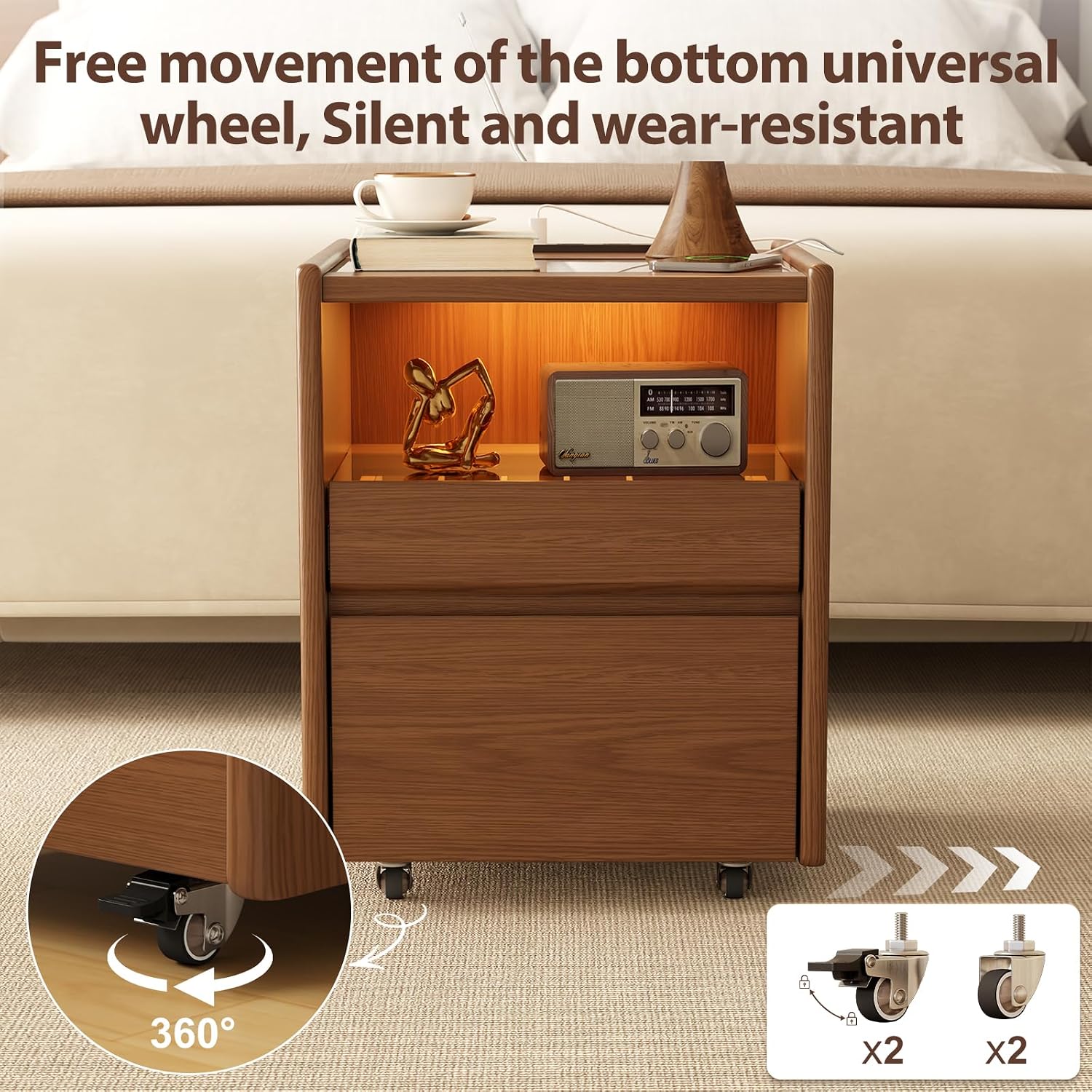 Solid Wood Nightstand,LED Nightstand with Charging Station,Narrow Bedside Table with Jewelry Box,Small Night Stand with Wheels,Modern Night Stand for Bedroom,Living Room,Dressing Room