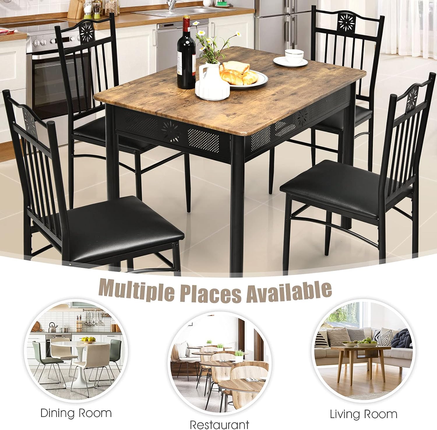 Tangkula 5 Pieces Dining Table and Chairs Set, Vintage Retro Wood Top Metal Frame Padded Seat Dining Table Set Home Kitchen Dining Room Furniture