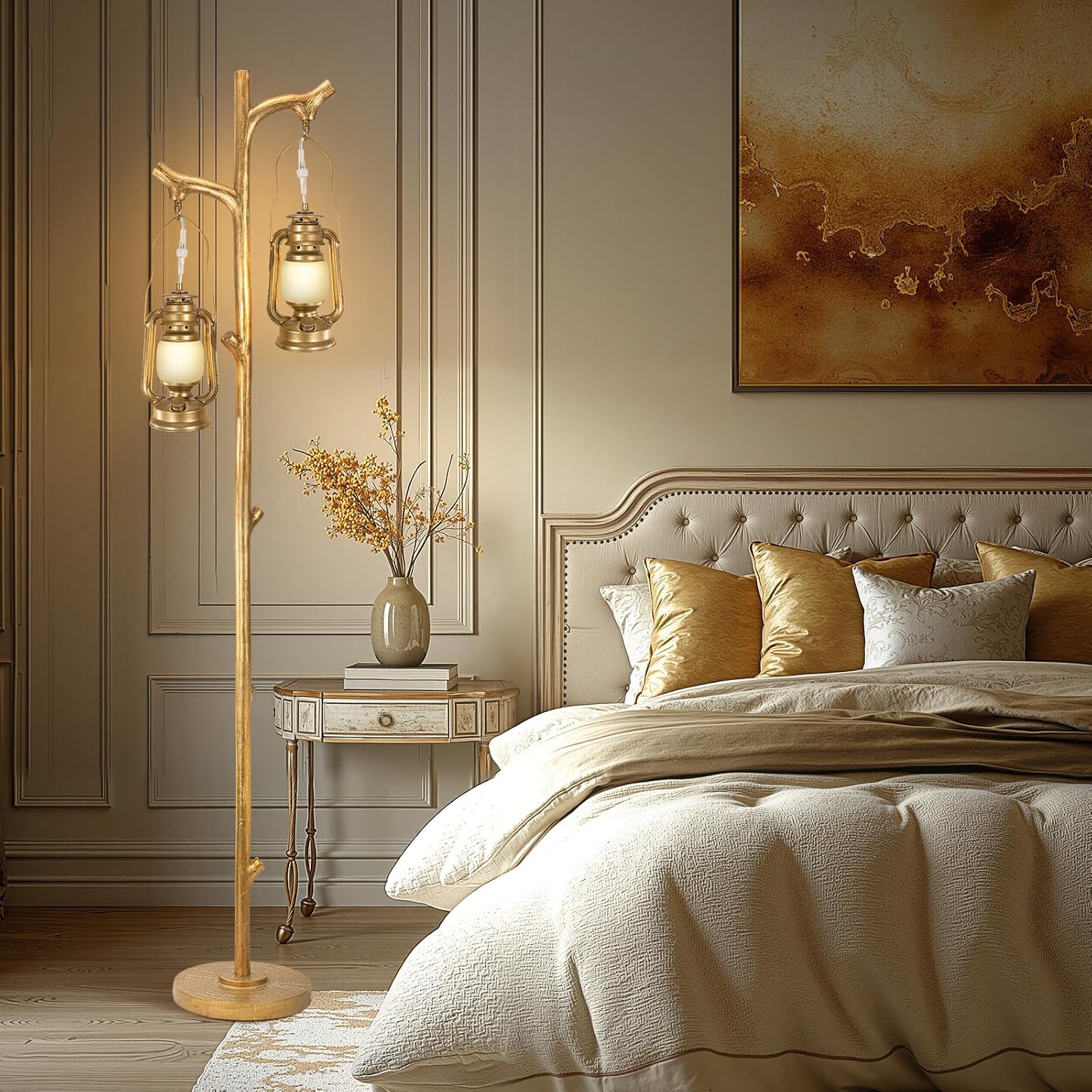 Scenekoy 68' Tall Floor Lamp with Lanterns, Gold Standing Lamp Tree Trunk Finish, Dimmable Resin Corner Lamp Stand Up Light with Bulb Prefer for Modern Living Room Bedroom Home Decor (Bulbs Included)