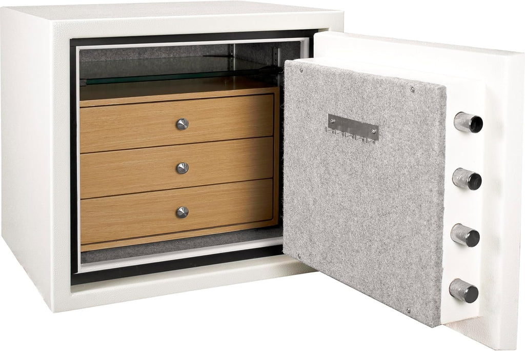 BARSKA 1.91 Cu Ft Fireproof Jewelry Safe with Digital Keypad, Motion Sensor LED, Wooden Drawers & Glass Shelf – 30 Min Fire Protection, Steel Deadbolts, White Home Security Safe