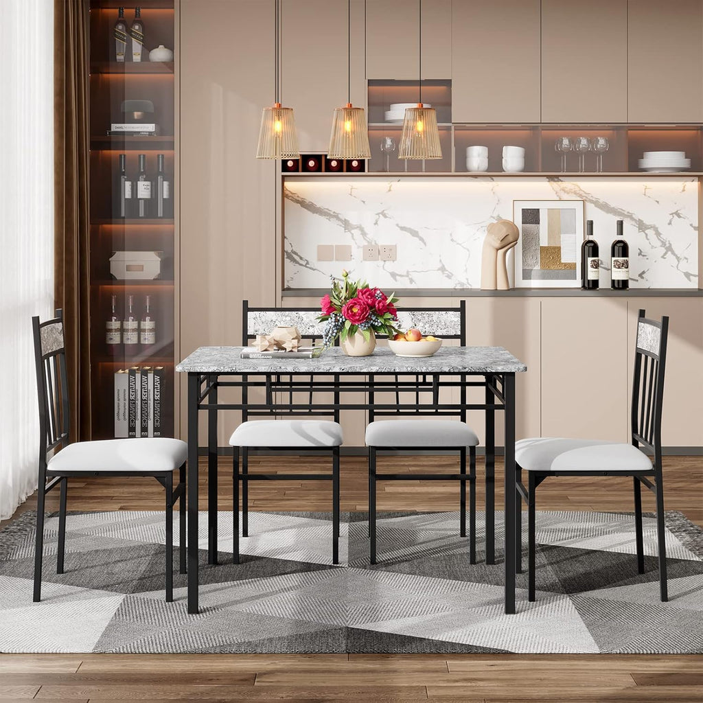 Giantex 5-Piece Dining Table Set for 4, Kitchen Table and Upholstered Chairs Set with Faux Marble Tabletop & Metal Frame, Space-Saving Dinette Set for Breakfast Nook, Small Space, Grey