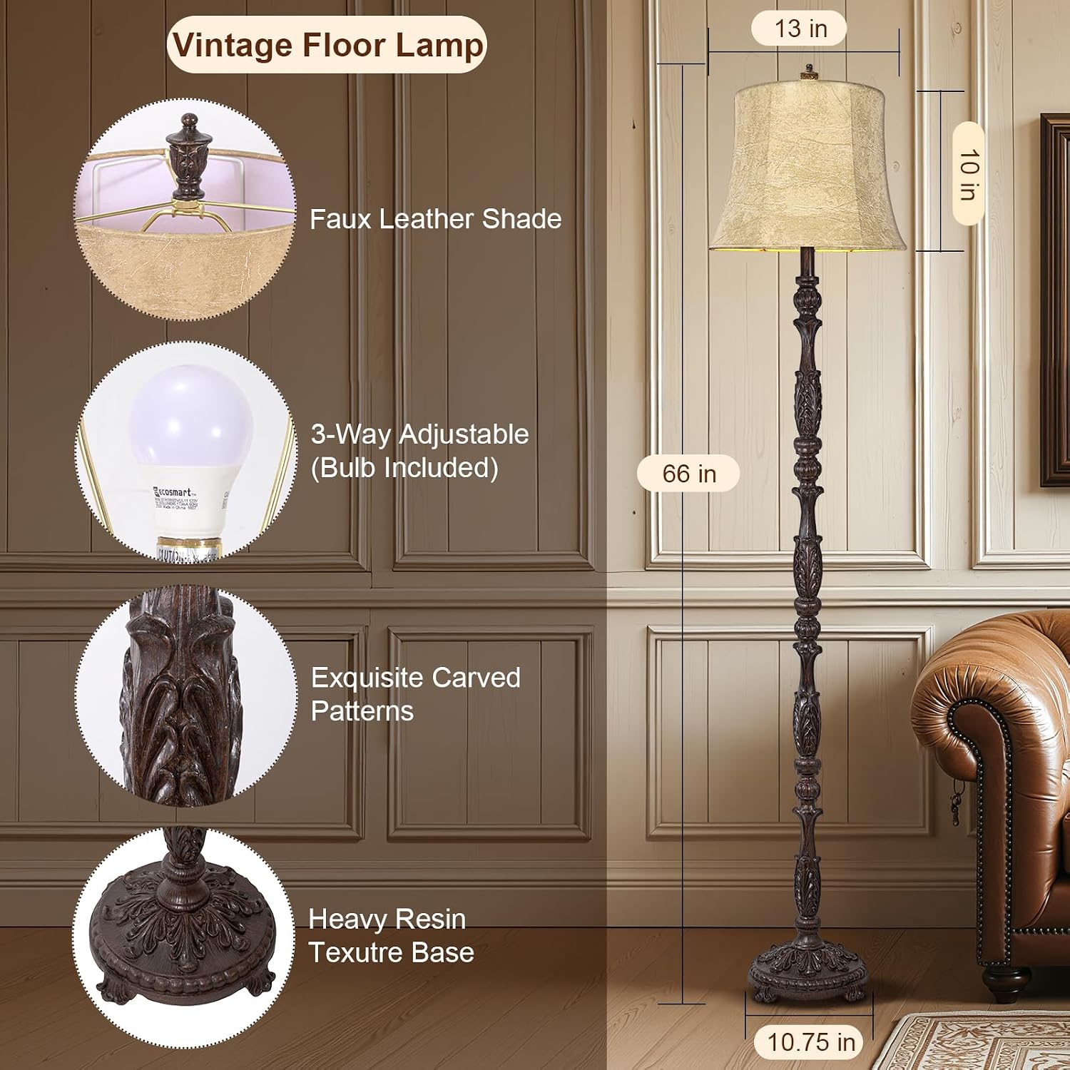 Scenekoy Vintage 66' Tall Floor Lamp for Living Room Bedroom, Retro Resin Carved Standing Lamp with Faux Leather Shade, 3-Way Adjustable Bulb, Rotary Switch Rustic Corner Light for Home Decor