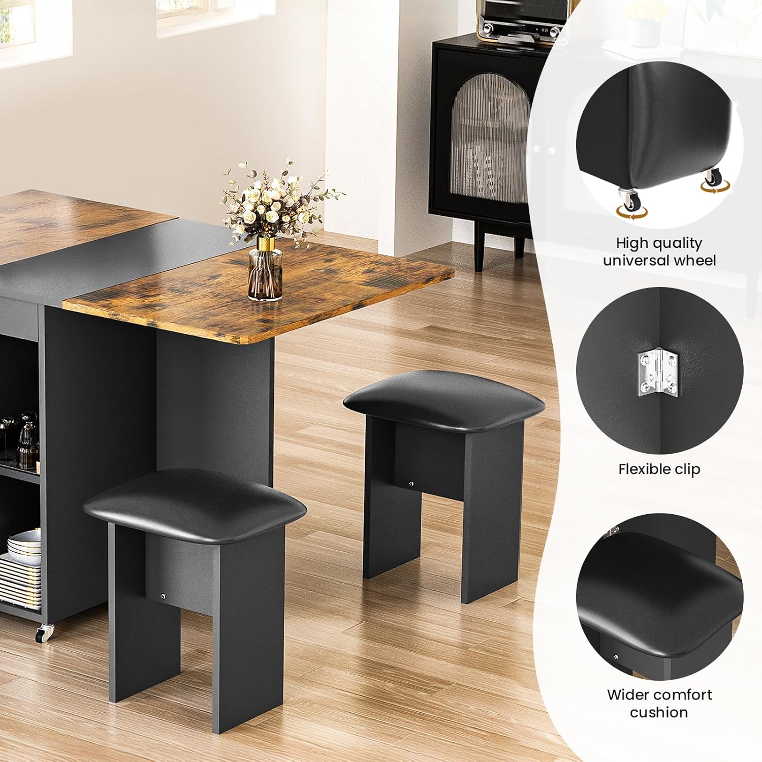 AWQM Foldable Dining Table Set for 4,Folding Dining Table with 4 Leather Chairs & Storage,Drop Leaf Dinner Table with 6 Wheels,Folding Kitchen Table and Chairs Set for Small Spaces,Walnut