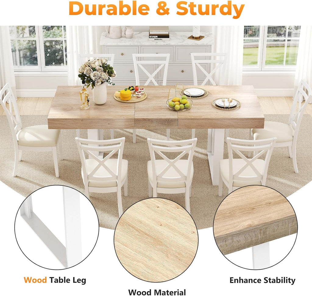 Zevemomo 63'-78.7' Expandable Dining Table, 6-10 Extendable Dining Table, Rectangle Conference Table, Farmhouse Kitchen Table with Slide Track, Tapered U-Shaped Wood Legs for Office, Living Room-Oak