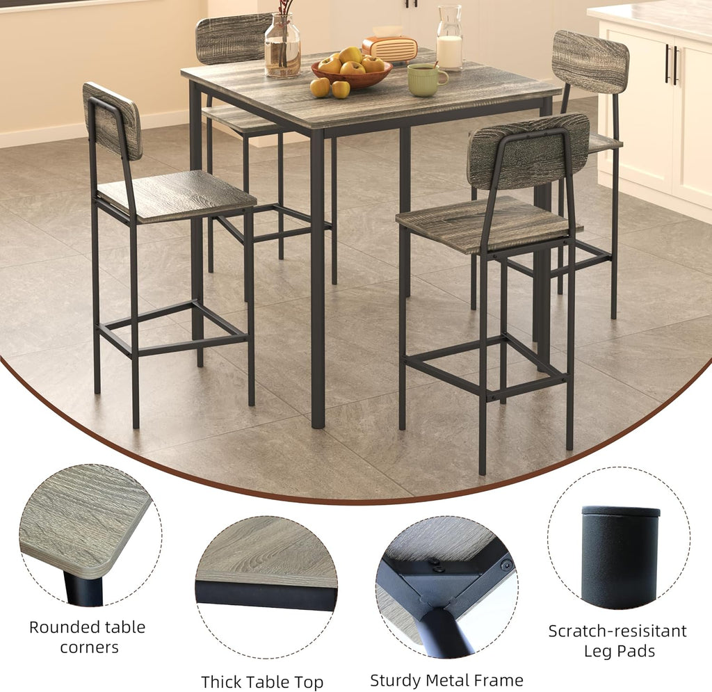 Kitchen Table and Chairs of 4, 5 Piece Dining Table Set, Sturdy Industrial Space Saving Dinette Set for Pub, Family Dinners, Apartment, Gray