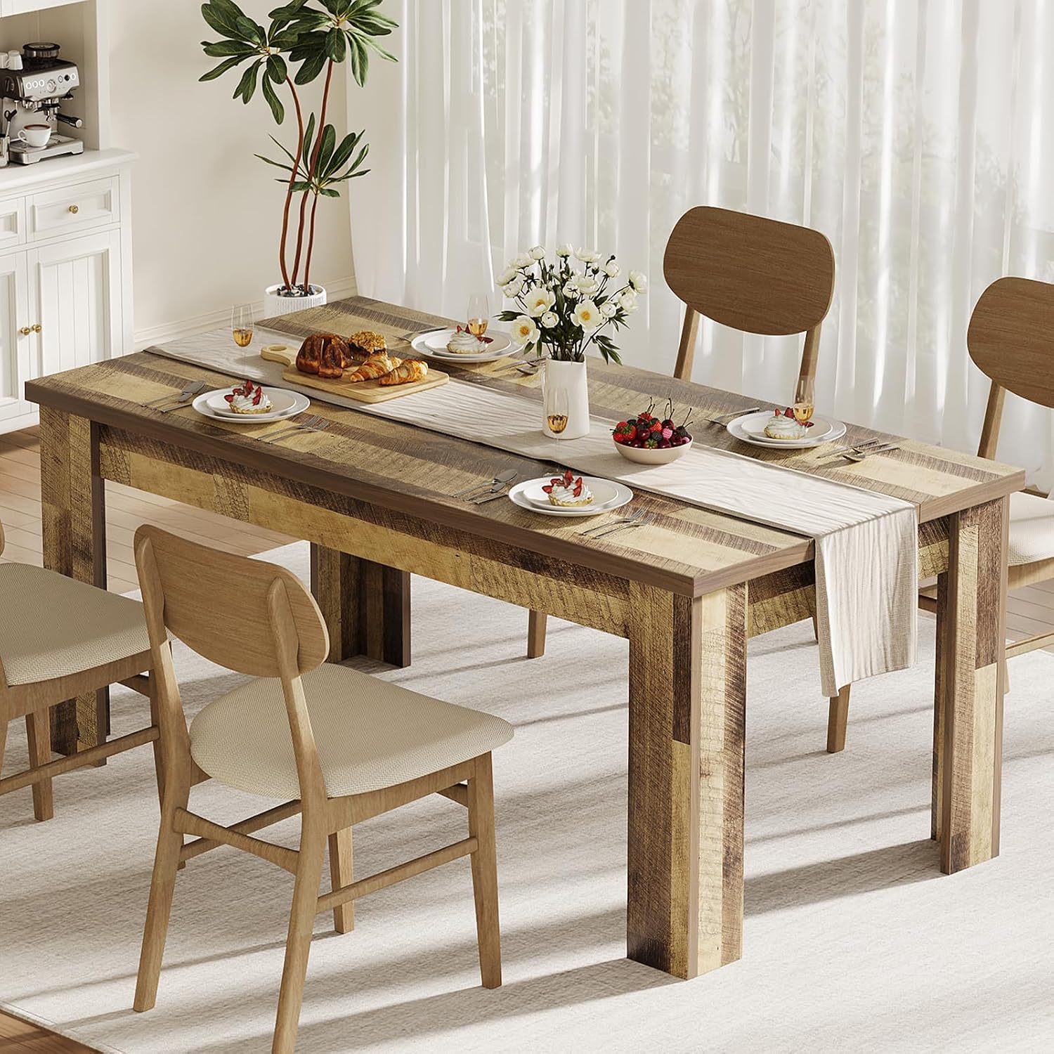 CABIHOME 63' Rectangular Dining Table for 4-6, Farmhouse Large Kitchen Table, Sturdy Frame, 4 Triangular Stable Legs, Thickened Tabletop, Ideal for Apartment, Dining Room, Small Space, Retro Brown