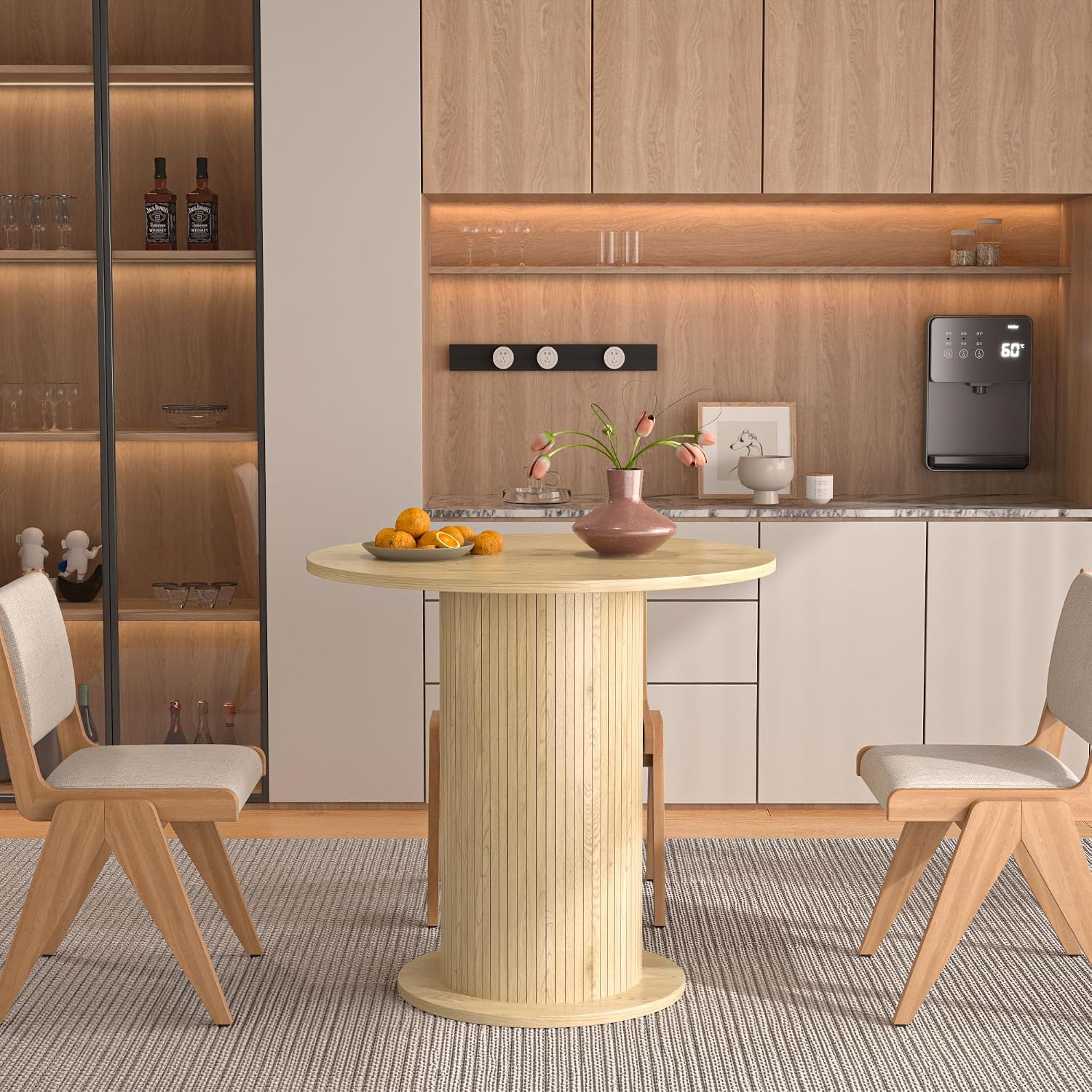 31.5 inch Round Dining Table for 2, Modern Farmhouse Kitchen Table, Small Circle Dining Tables with Wood Strip Base for Kitchen Living Room (Natural)