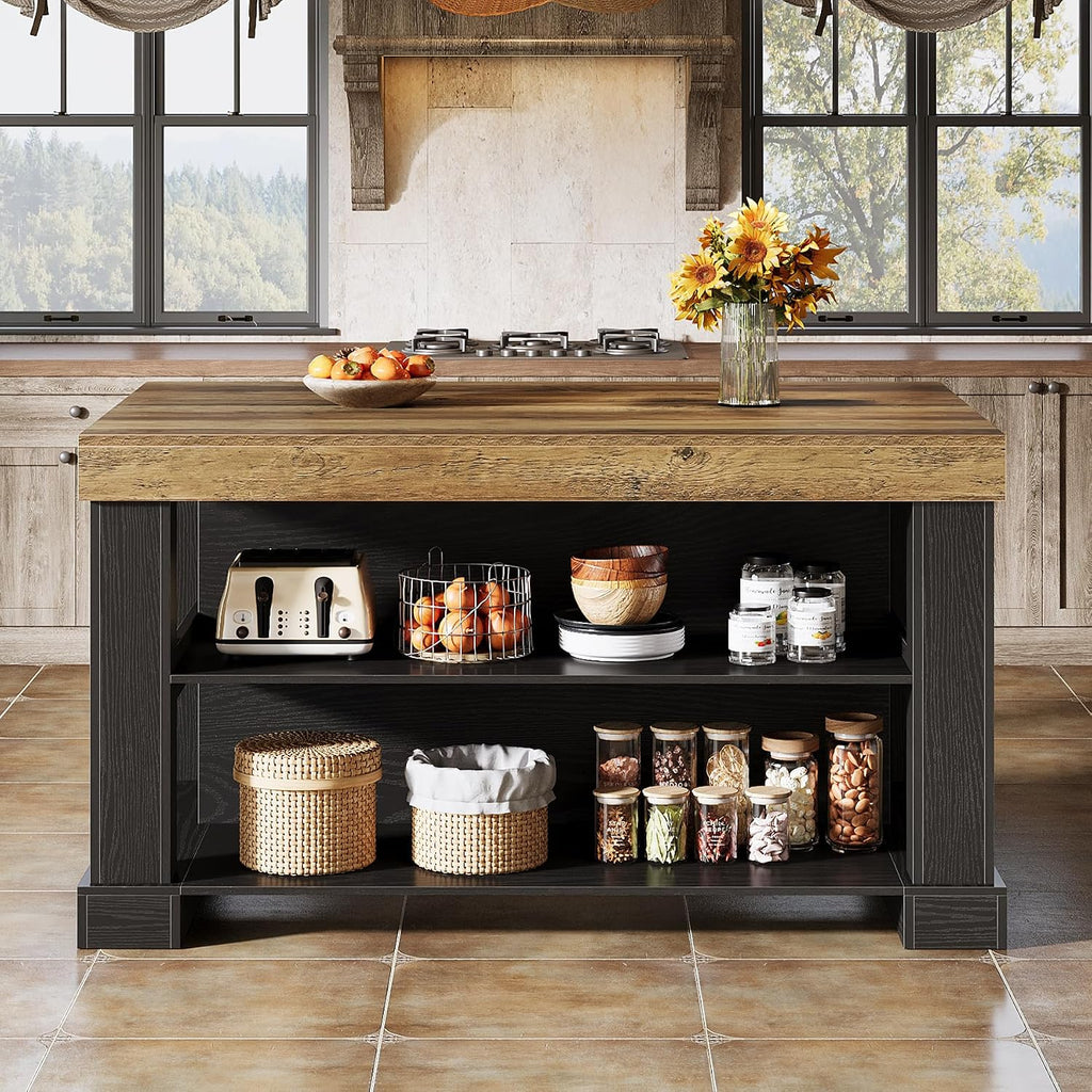 Tribesigns Bar Table, 55-Inch Counter Height Pub Table with Storage Shelves, High Top Kitchen Dining Table, Rectangle Wood Home Bar Unit for Dining Room, Bistro, Black and Brown
