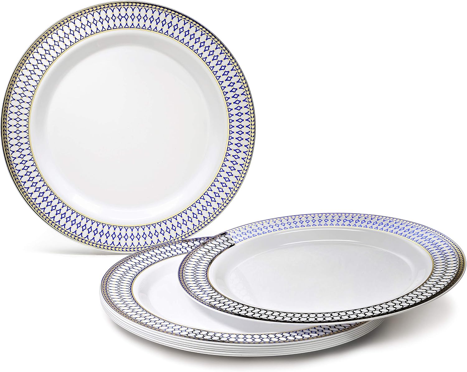 ' OCCASIONS ' 640pcs set (80 Guests)-Heavyweight Wedding Party Disposable Plastic Plate Set -80 x 10.5'' + 80 x 7.5'' + Silverware + Cups + Napkins (Odyssey White/Blue & Gold Rim)