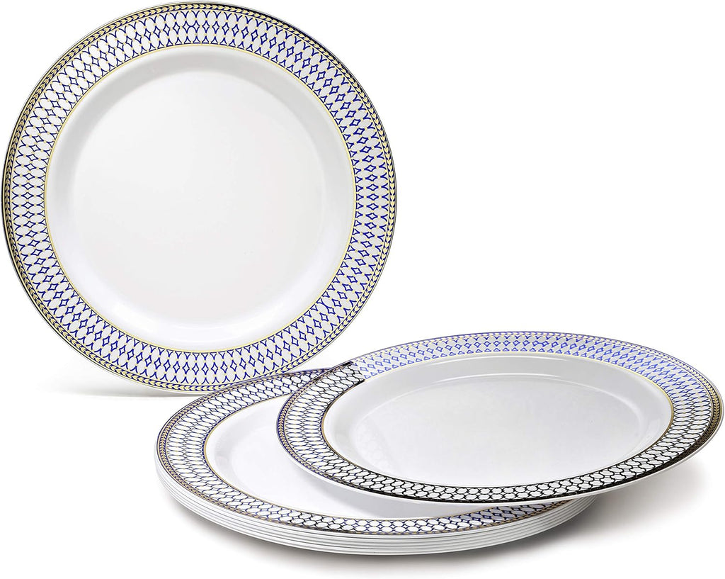 ' OCCASIONS ' 960pcs set (120 Guests)-Heavyweight Wedding Party Disposable Plastic Plate Set -120 x 10.5'' + 120 x 7.5'' + Silverware + Cups + Napkins (Odyssey White/Blue & Gold Rim)