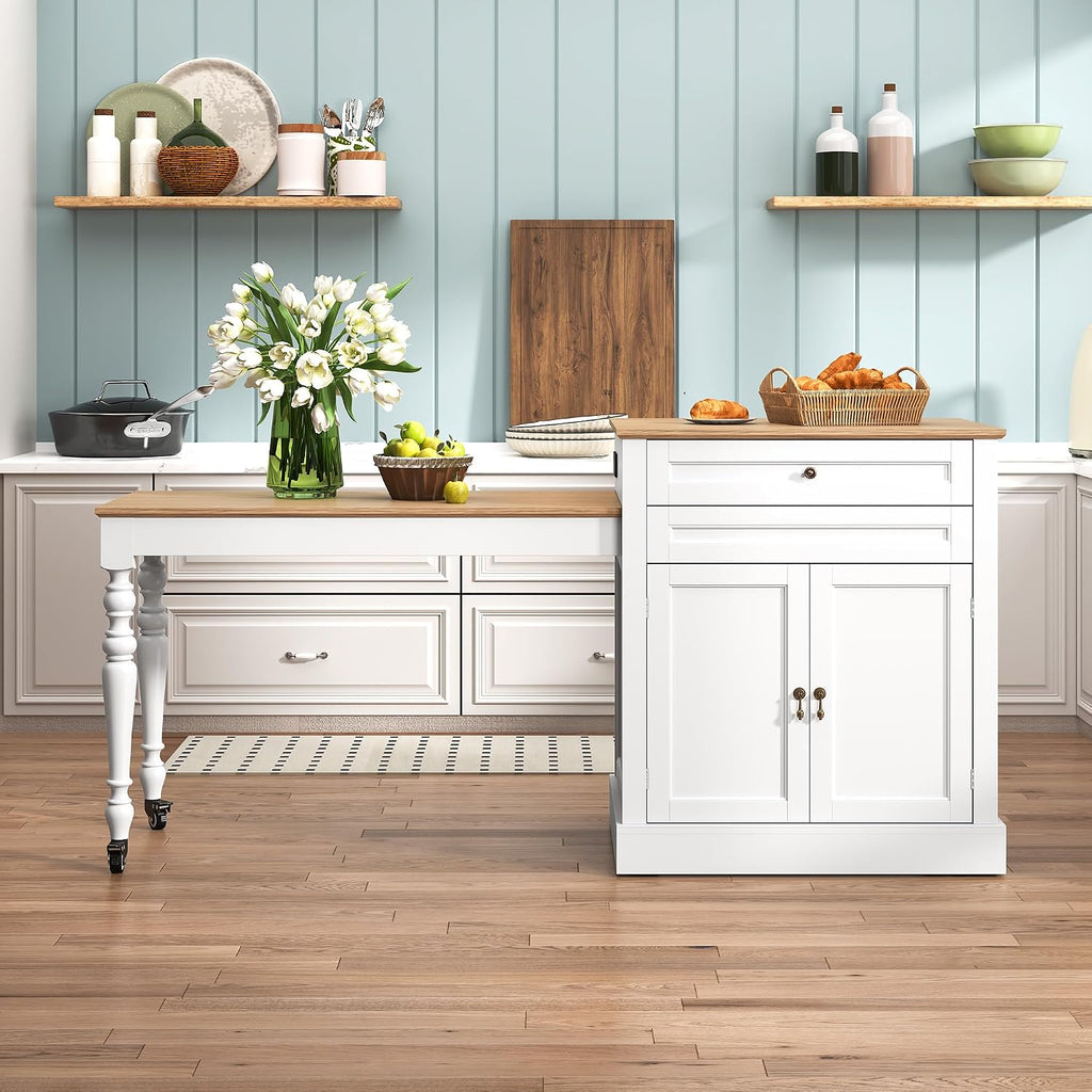 HLR 72' Kitchen Island with Extendable Table for 2-4, Island Table for Kitchen with Power Outlet and Storage Slide Out Legs, Rolling Islands Cart with 2 Doors (White)