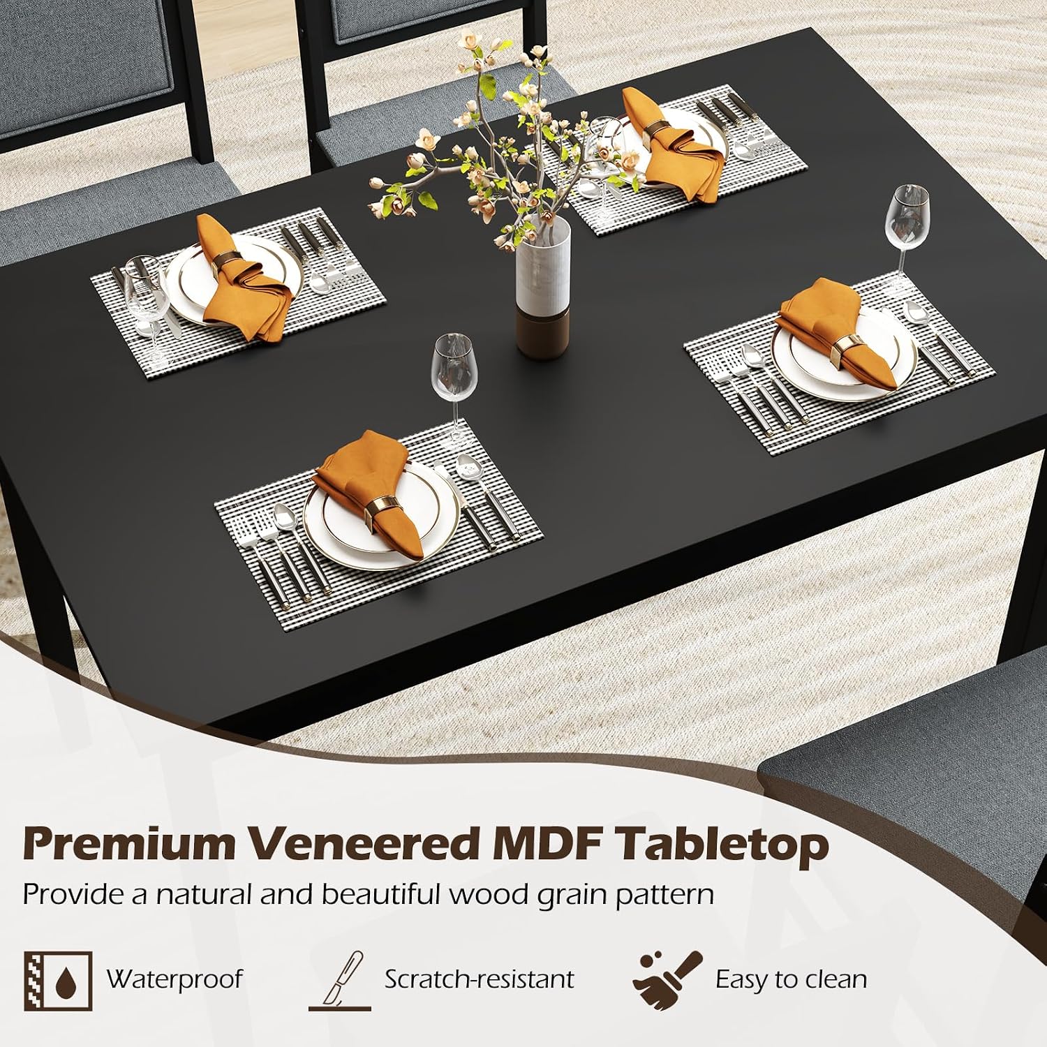 Tangkula Dining Table Set for 4, Farmhouse Solid Wood Dinette Set w/Rubber Wood Legs, Upholstered Seat & Padded Backrest, Mid-Century Modern Dining Table and Chairs Set for Kitchen, Dining Room