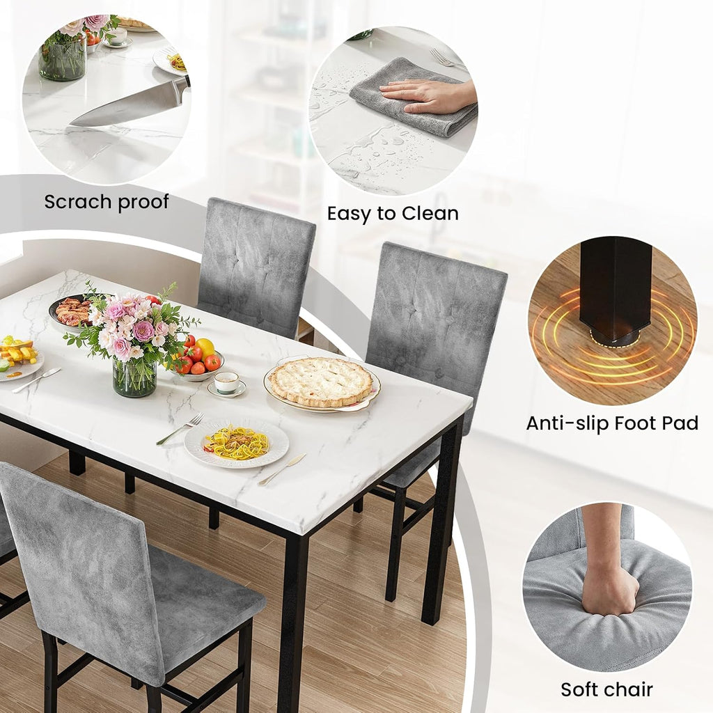 Hooseng Dining Room Table Set 5 Piece Dining Table Set Marble Dining Table 4 Chair Dining Table Set for Kitchen Living Room Breakfast Small Spaces (White & Grey)