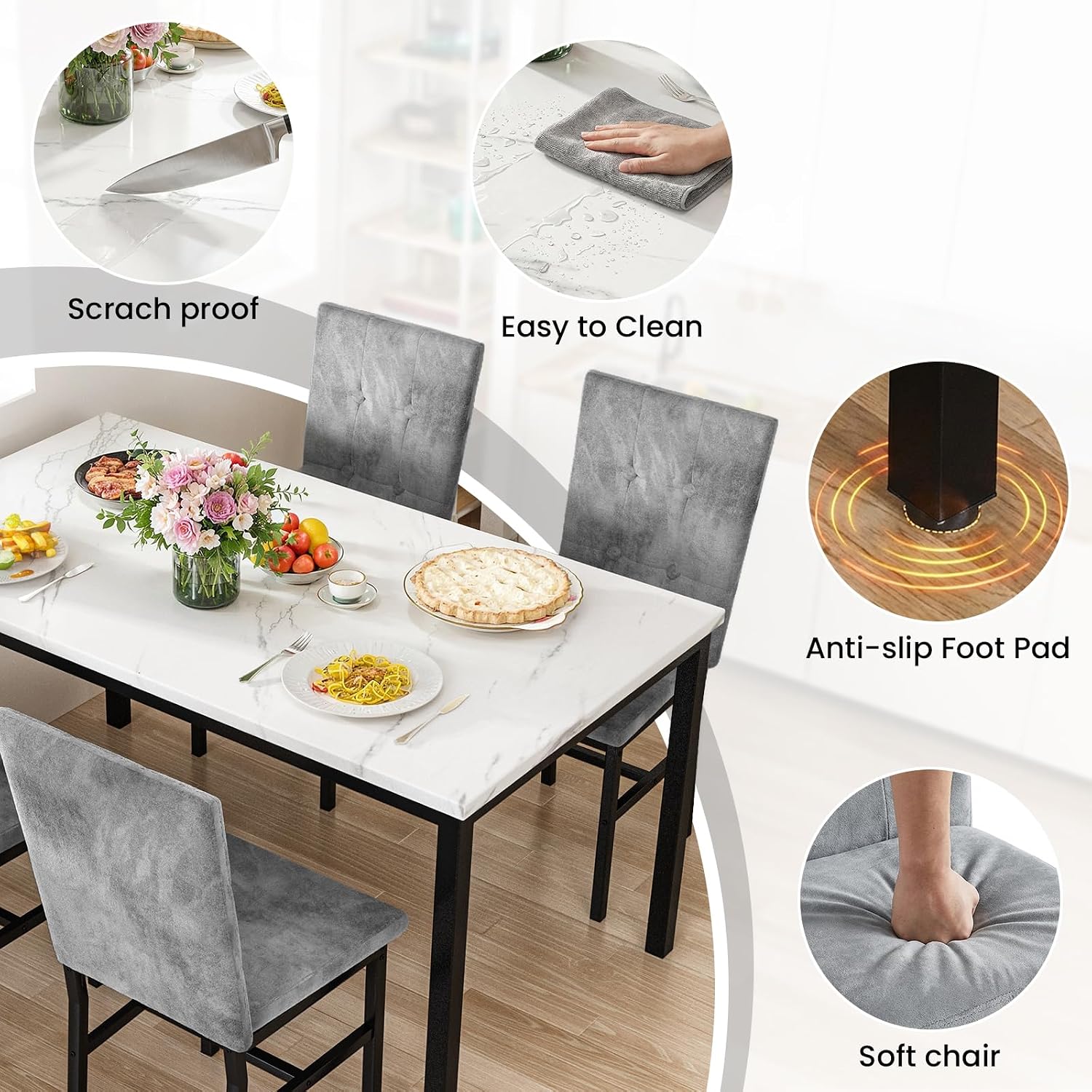 Hooseng Dining Room Table Set 5 Piece Dining Table Set Marble Dining Table 4 Chair Dining Table Set for Kitchen Living Room Breakfast Small Spaces (White & Grey)