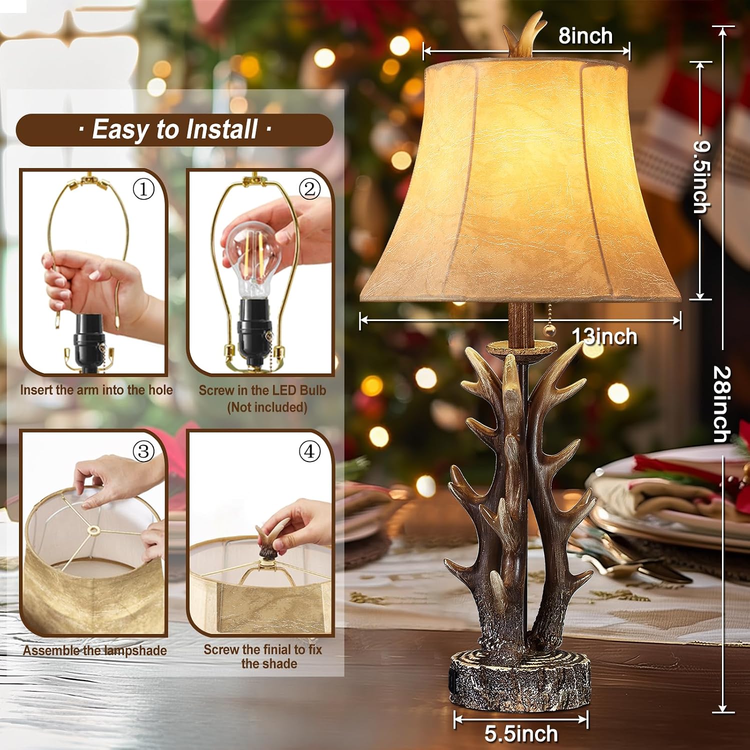 Antler Table Lamps Set of 2 with USB A+C Ports 28' Tall Rustic Farmhouse Deer Bedside Lamps with Faux Leather Bell Shade for Bedroom Living Room Office Decor Western Cabin End Table Lamp, Pull Chain