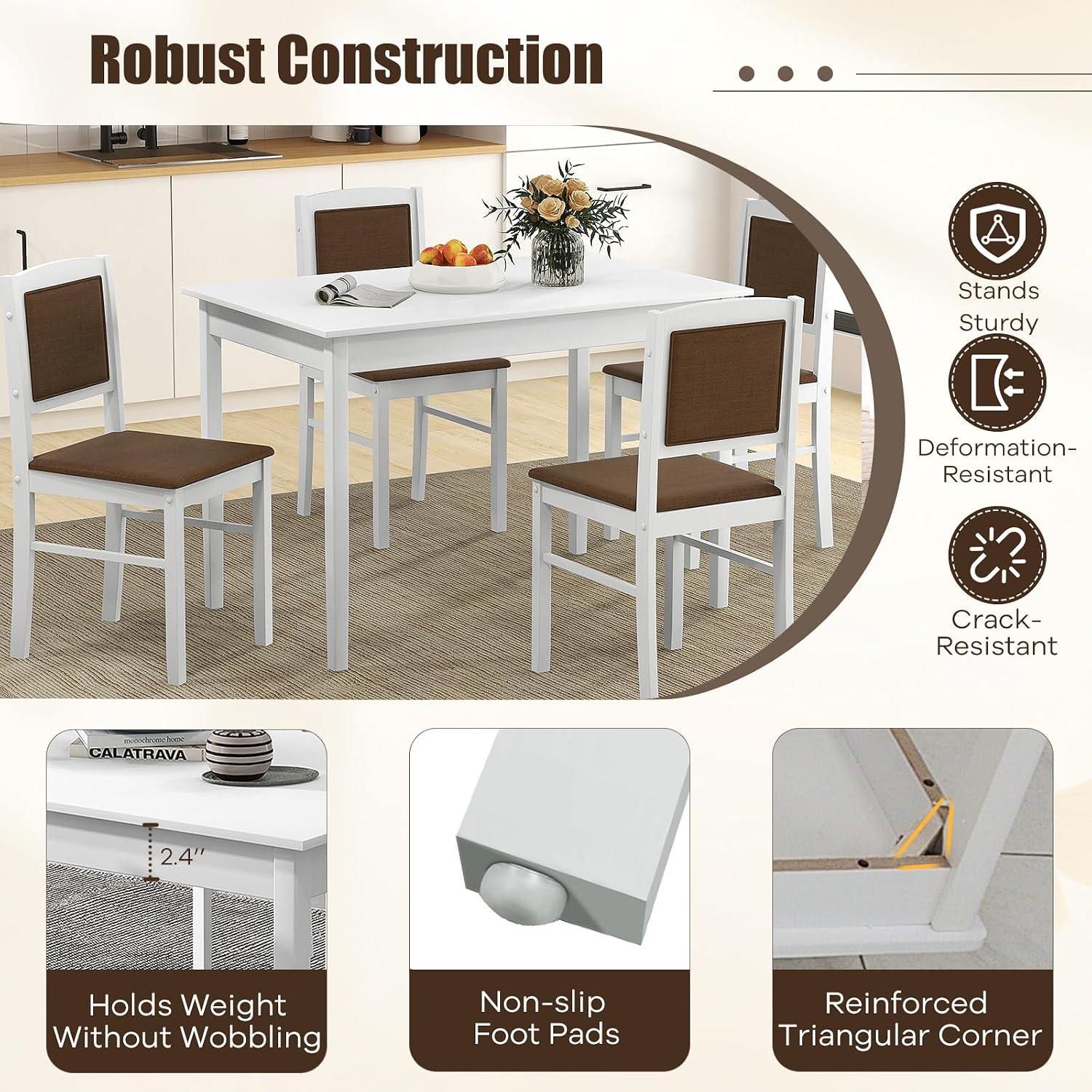 NAFORT Dining Table Set for 4, Farmhouse Kitchen Table and Chairs Set of 4, Mid-Century Modern Rectangular Dining Room Table with Cushion Padded Seat, Solid Wood Dining Set Kitchen Furniture