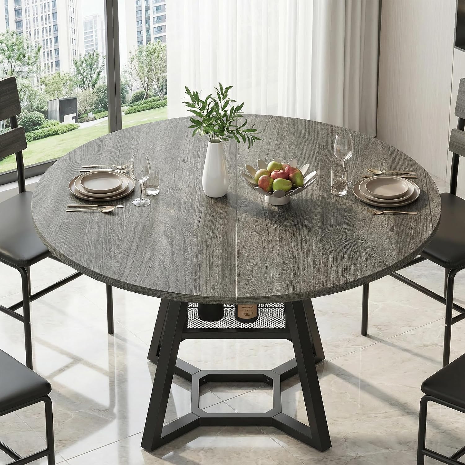 knoworld Round Dining Table for 4-6 with Storage Shelf, Kitchen & Dining Room Circle Pedestal Table,Heavy Duty Metal Frame & Wood Top