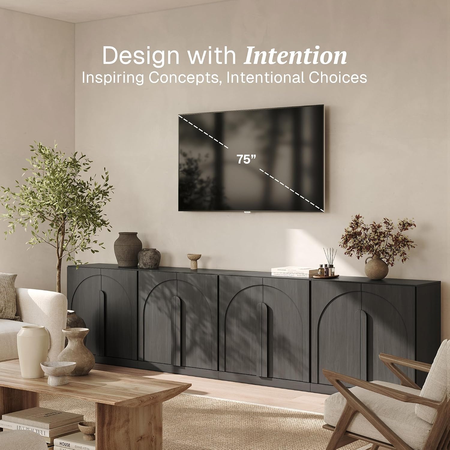 BELLEZE 4-Piece Modular TV Stand Set -Modern Entertainment Center with Wide Wooden Handle,Sideboards with Adjustable Shelves,Classic Media Console Table Cabinet for Living Room (Ebony)