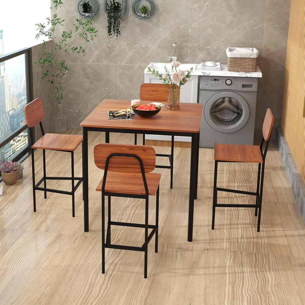 Giantex 5-Piece Dining Table Set W/Counter Height Table & 4 Bar Stools, Industrial Kitchen Dining Table Set W/Footrest & Backrest, Space-Saving Dinette Set for Pub, Dining Room, Restaurant (Walnut)