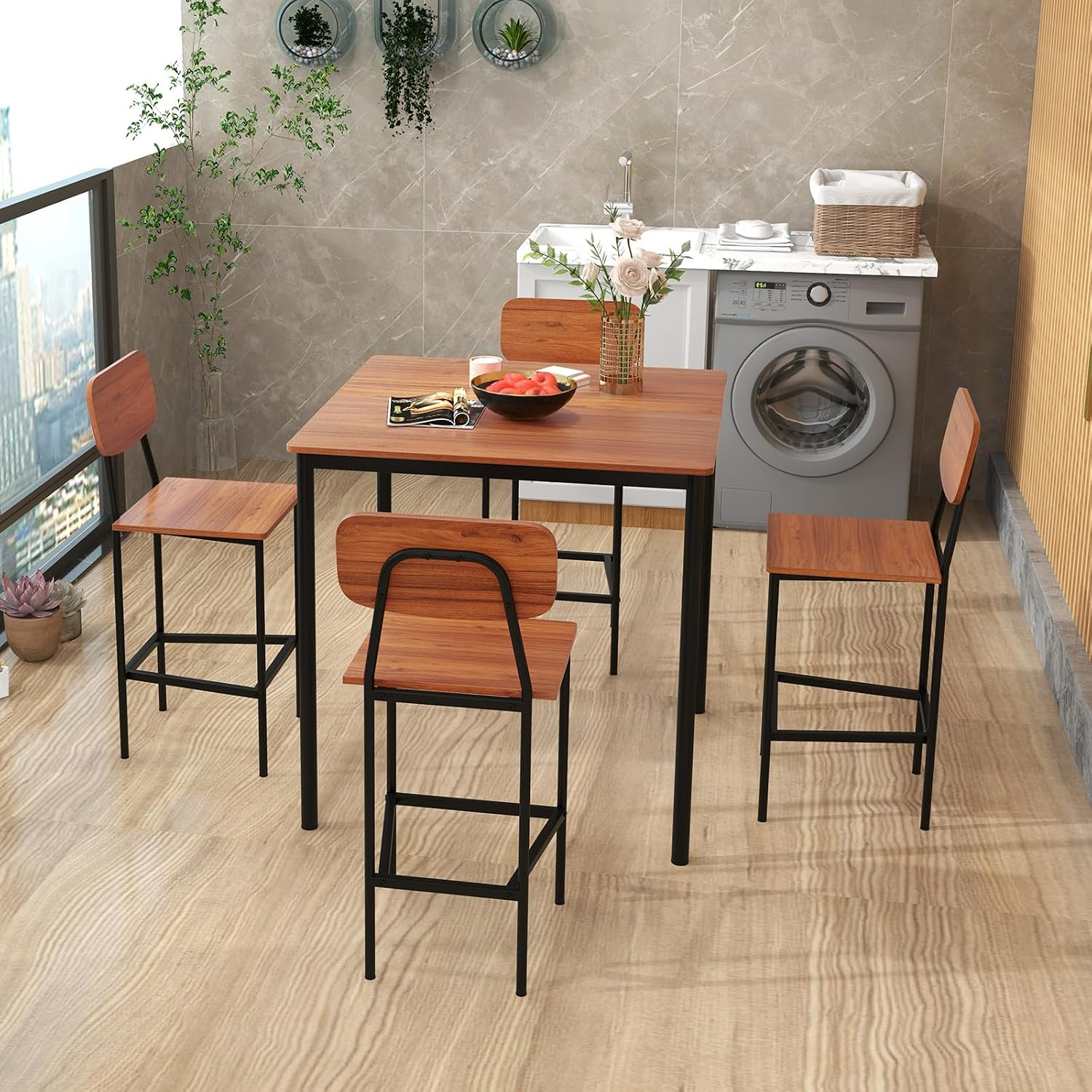 Giantex 5-Piece Dining Table Set W/Counter Height Table & 4 Bar Stools, Industrial Kitchen Dining Table Set W/Footrest & Backrest, Space-Saving Dinette Set for Pub, Dining Room, Restaurant (Walnut)