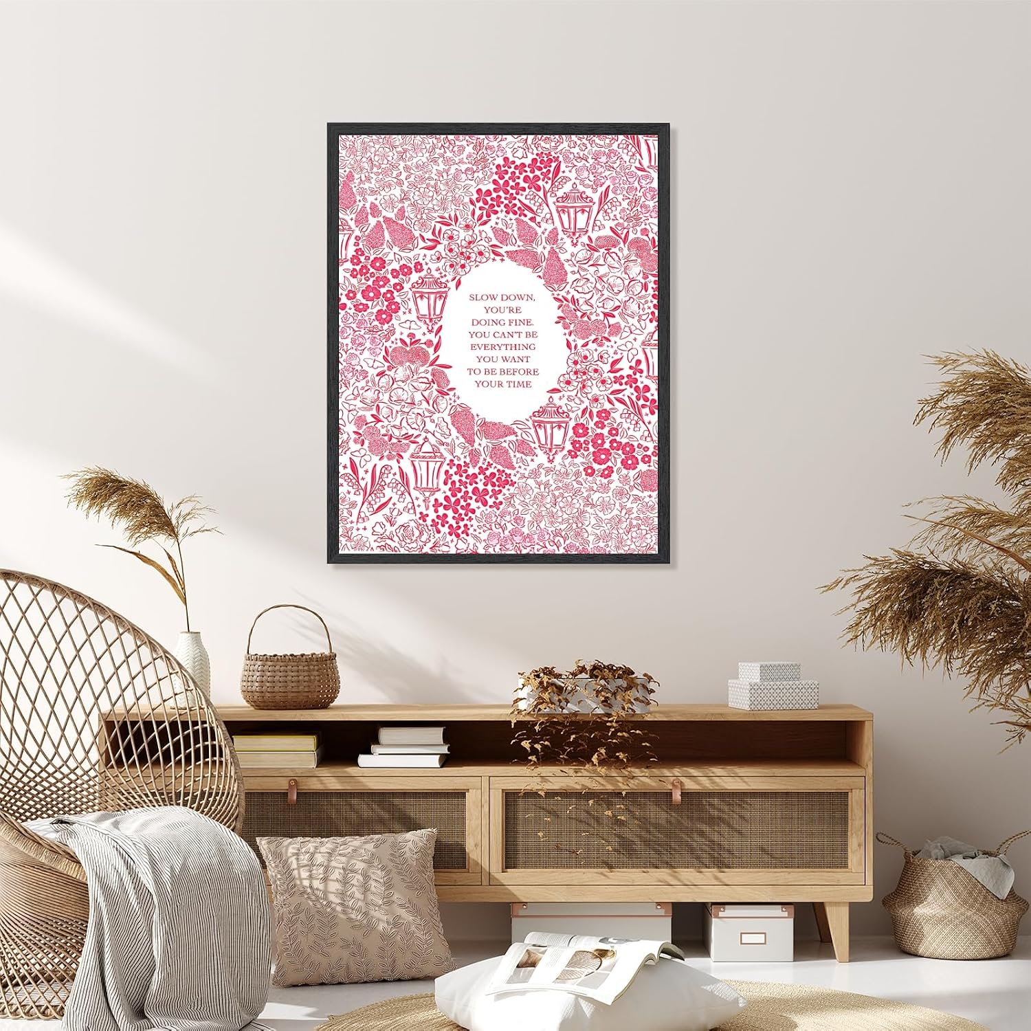 Black Framed Slow Down You're Doing Fine Music Posters Pink Motivational Quote Wall Art Vintage Floral Positive Daily Reminder Song Lyrics Canvas Print Aesthetic Bedroom Home Decor 24x36inch
